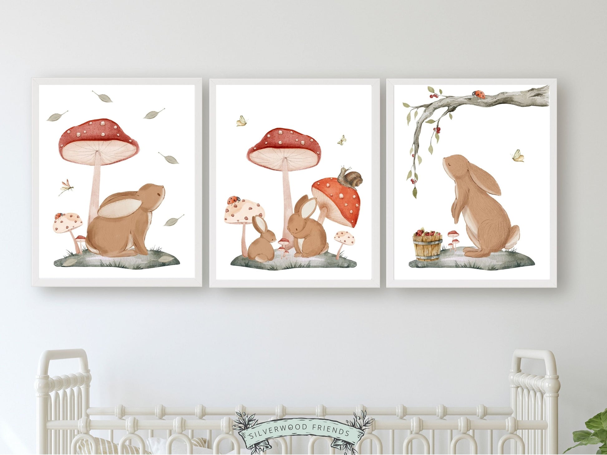 Woodland Bunny Mushroom Nursery Print, Woodland Bunny Mushroom Nursery Decor, Boho Kids Room Wall Decor Nature Nursery Theme Digital Prints
