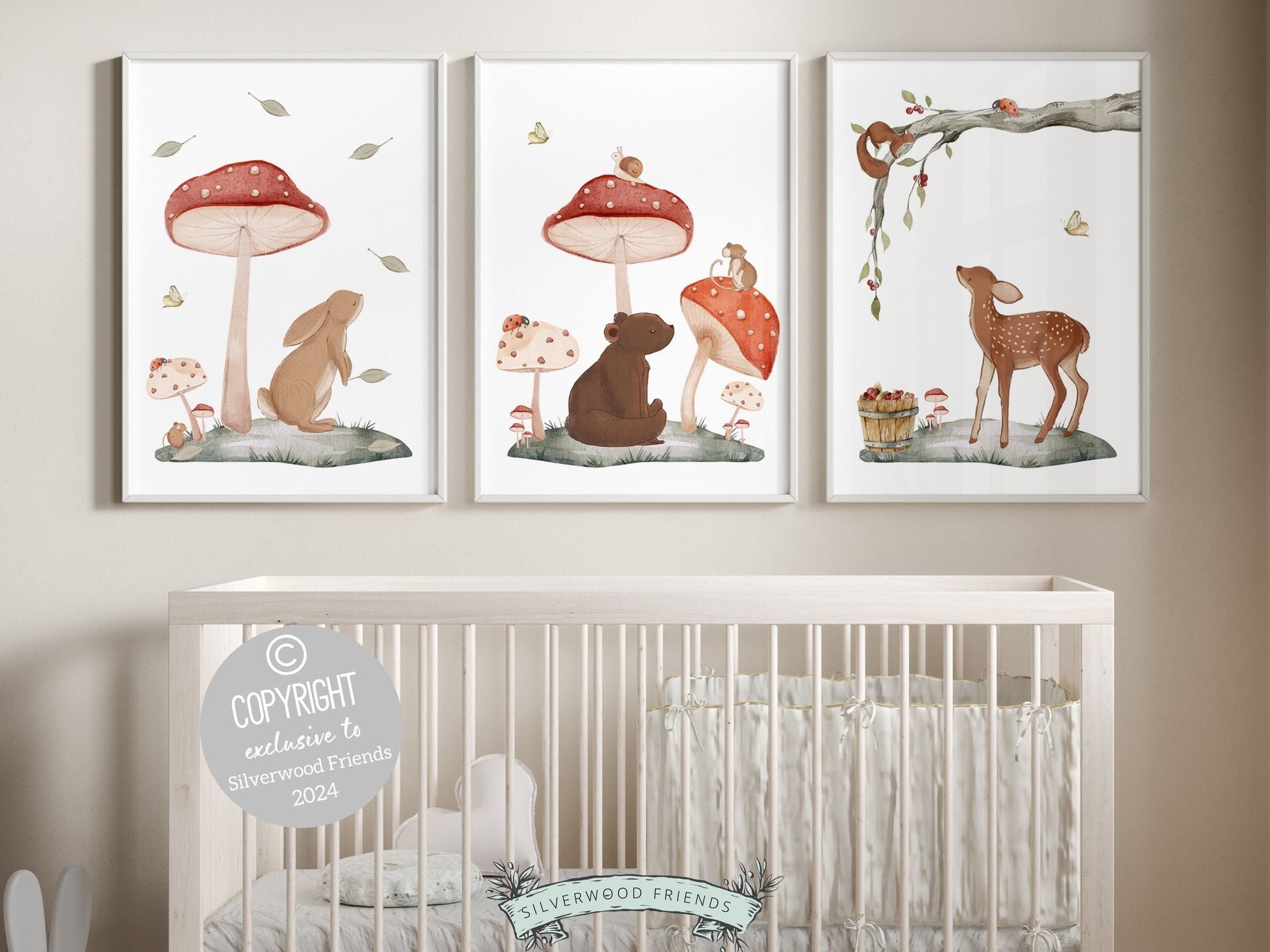 Set of 3 Woodland Nursery Prints, featuring adorable woodland animals amidst delightful mushrooms — perfect for creating a whimsical atmosphere in your woodland nursery decor or as a heartwarming gender neutral baby shower gift.