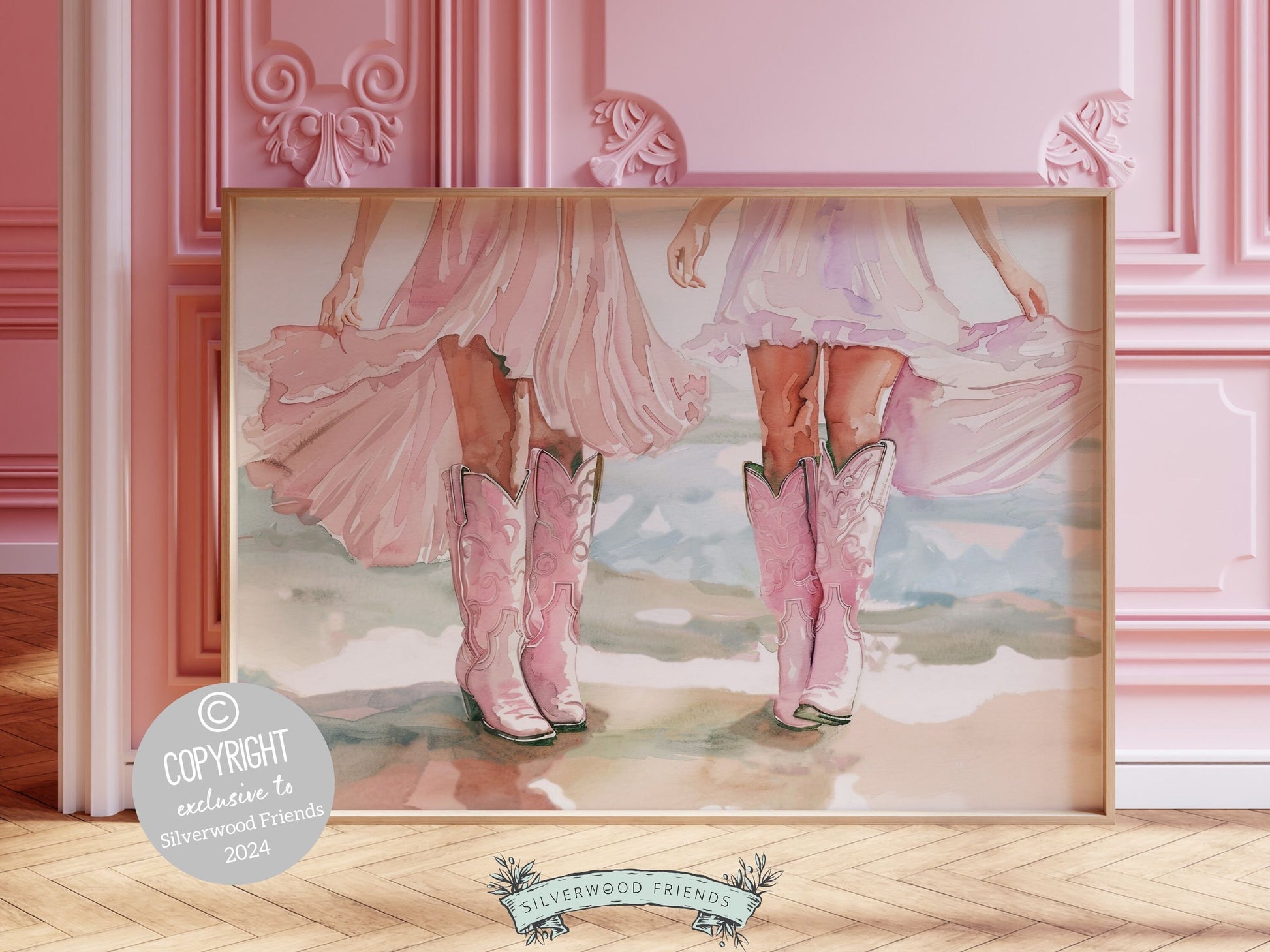 Watercolor print, featuring two best friends walking side by side along a beach and capturing the cowgirl spirit. Perfect for trendy western or coastal cowgirl decor, our pretty digital print makes a unique and stylish housewarming gift.