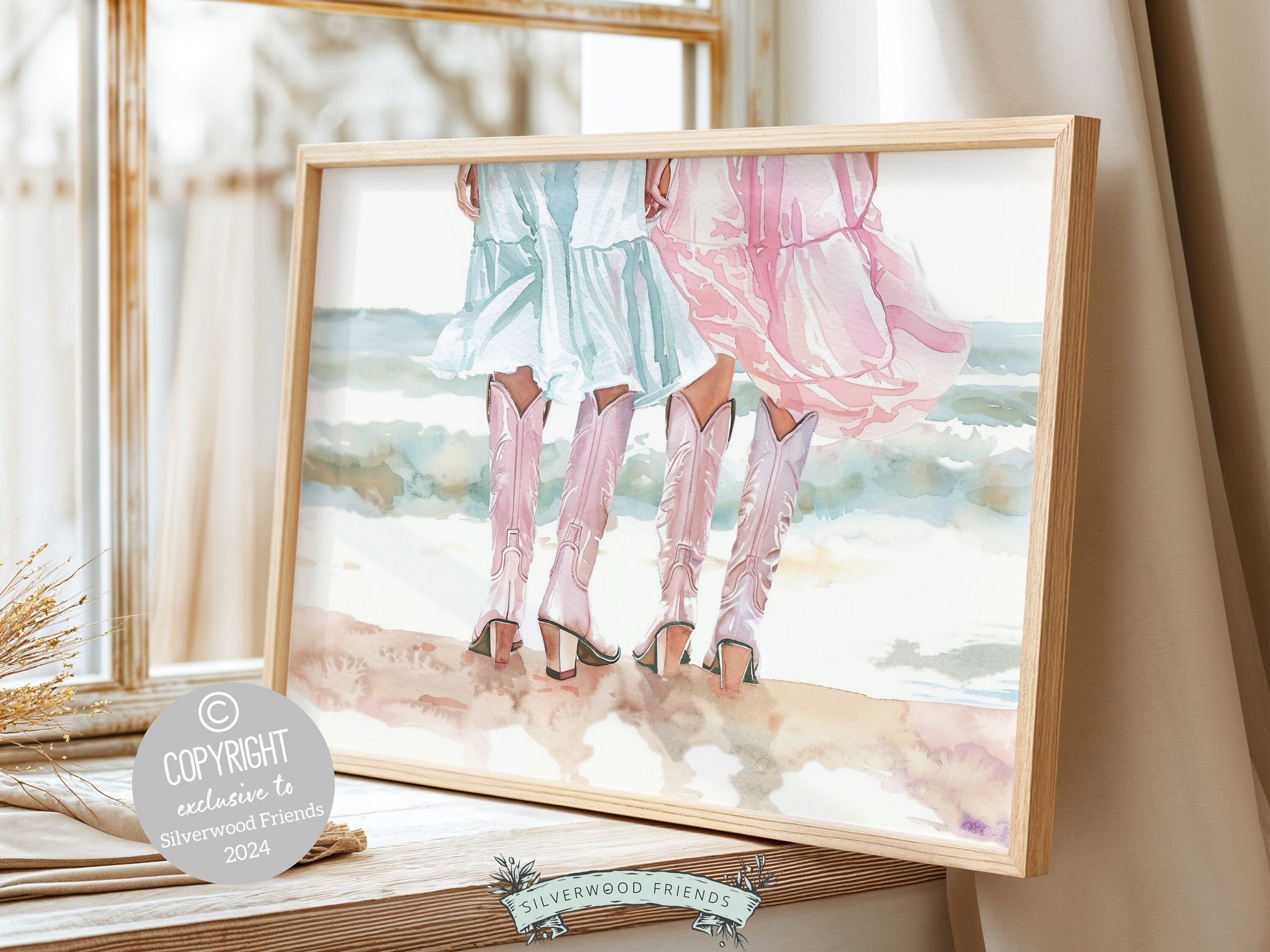 Coastal Cowgirl Print, Trendy Pink Cowgirl Boots Wall Art, Girly Western Wall Decor, Preppy Cowgirl Boots Room Decor Ocean Digital Print