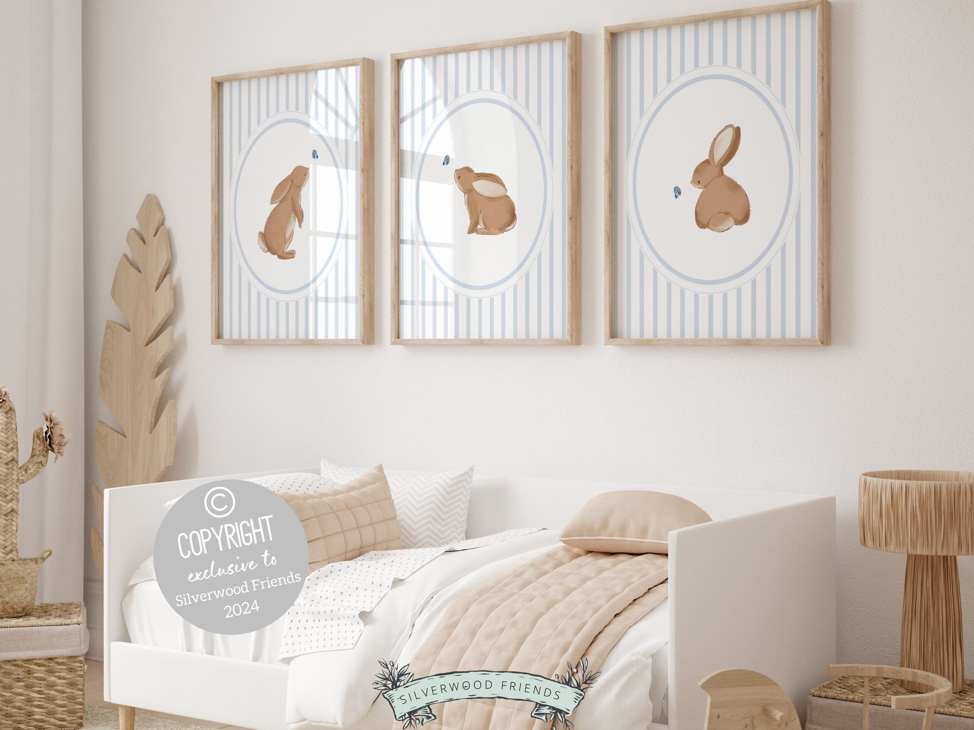 Bunny Nursery Prints, Woodland Bunny Nursery Decor, Chinoiserie Nursery Wall Art, Bunny Rabbit Kids Blue White Room Wall Decor Digital Print