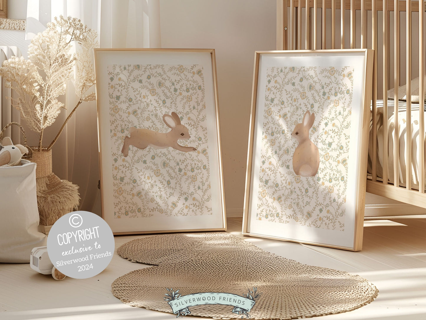 Bunny Nursery Print Set, Woodland Wildflower Bunny Nursery Decor, Floral Bunny Nursery Wall Art Printable Bunnies Wall Decor Digital Print