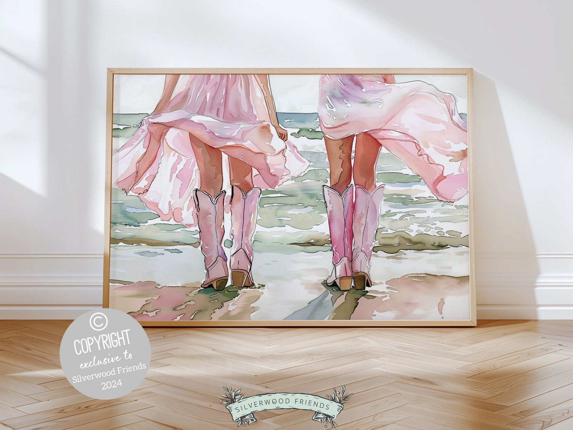 Coastal Cowgirl Print, Cowgirl Ocean Wall Art, Western Wall Decor, Preppy Pink Cowgirl Boots Print,Trendy Dorm Room Wall Decor Digital Print