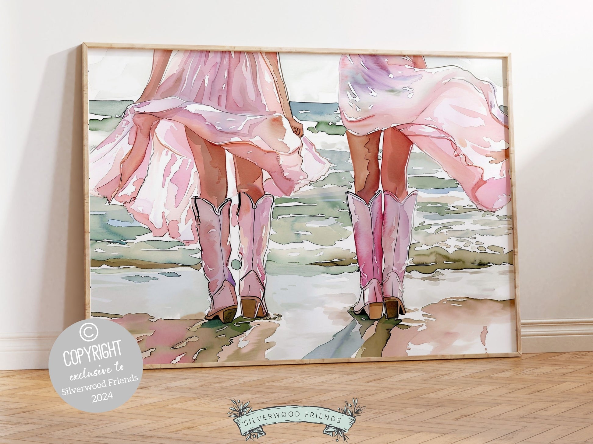Celebrate the unbreakable bond between cowgirls with our enchanting digital watercolor print, featuring two cowgirls walking side by side along a beach. Perfect for trendy western or coastal cowgirl decor.