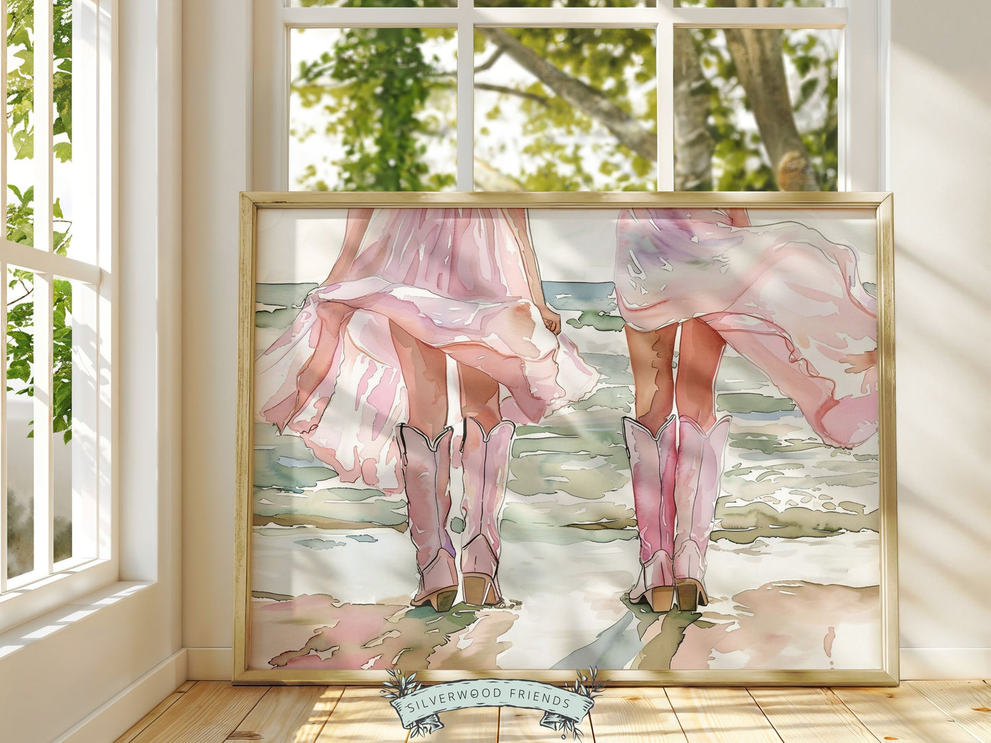 Coastal Cowgirl Print, Cowgirl Ocean Wall Art, Western Wall Decor, Preppy Pink Cowgirl Boots Print,Trendy Dorm Room Wall Decor Digital Print