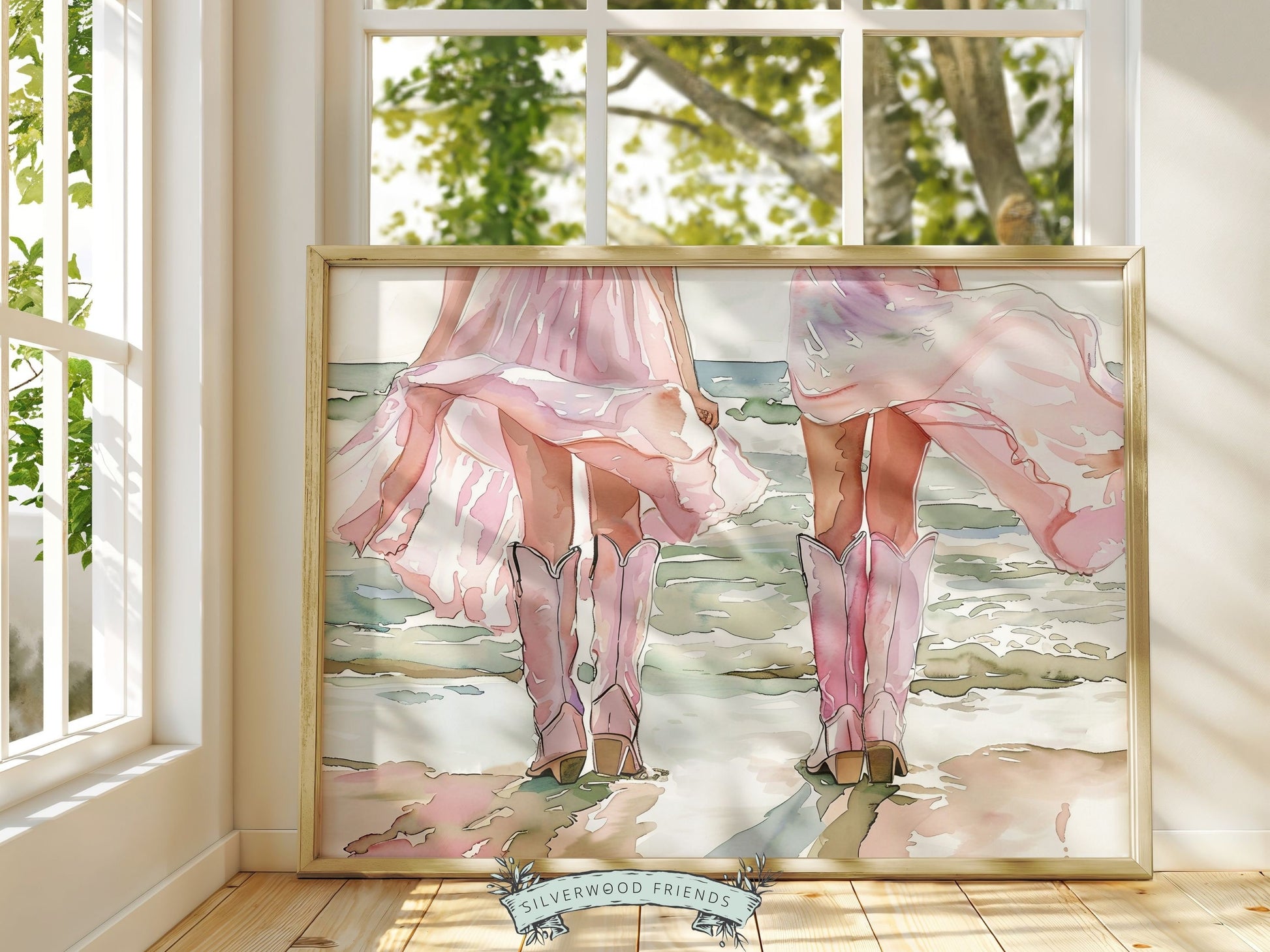 Coastal Cowgirl Print, Cowgirl Ocean Wall Art, Western Wall Decor, Preppy Pink Cowgirl Boots Print,Trendy Dorm Room Wall Decor Digital Print