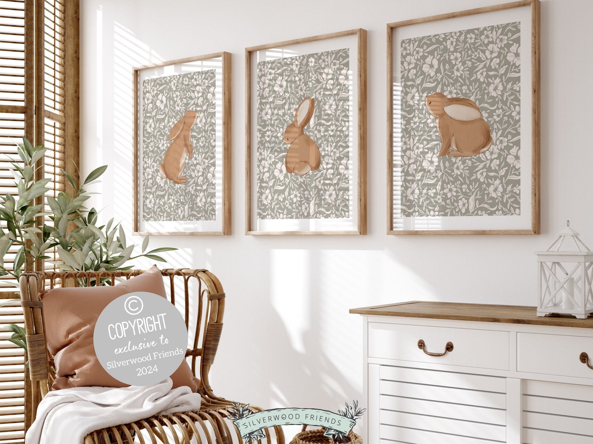 Bunny Nursery Print Set, Woodland Wildflower Bunny Nursery Decor, Floral Bunny Nursery Wall Art Printable Bunnies Wall Decor Digital Print
