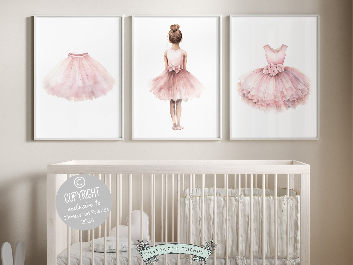 Set of 3 Ballet Nursery Prints, featuring a ballerina, tutu and ballet dress. Perfect for your ballet themed nursery or dance inspired bedroom, these prints inspire imagination and foster a love for ballet.
