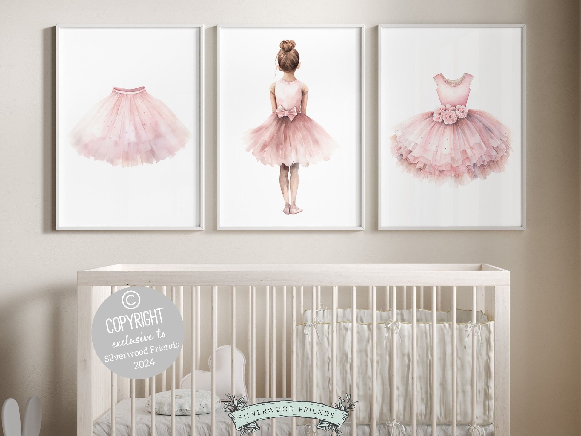 Set of 3 Ballet Nursery Prints, featuring a ballerina, tutu and ballet dress. Perfect for your ballet themed nursery or dance inspired bedroom, these prints inspire imagination and foster a love for ballet.