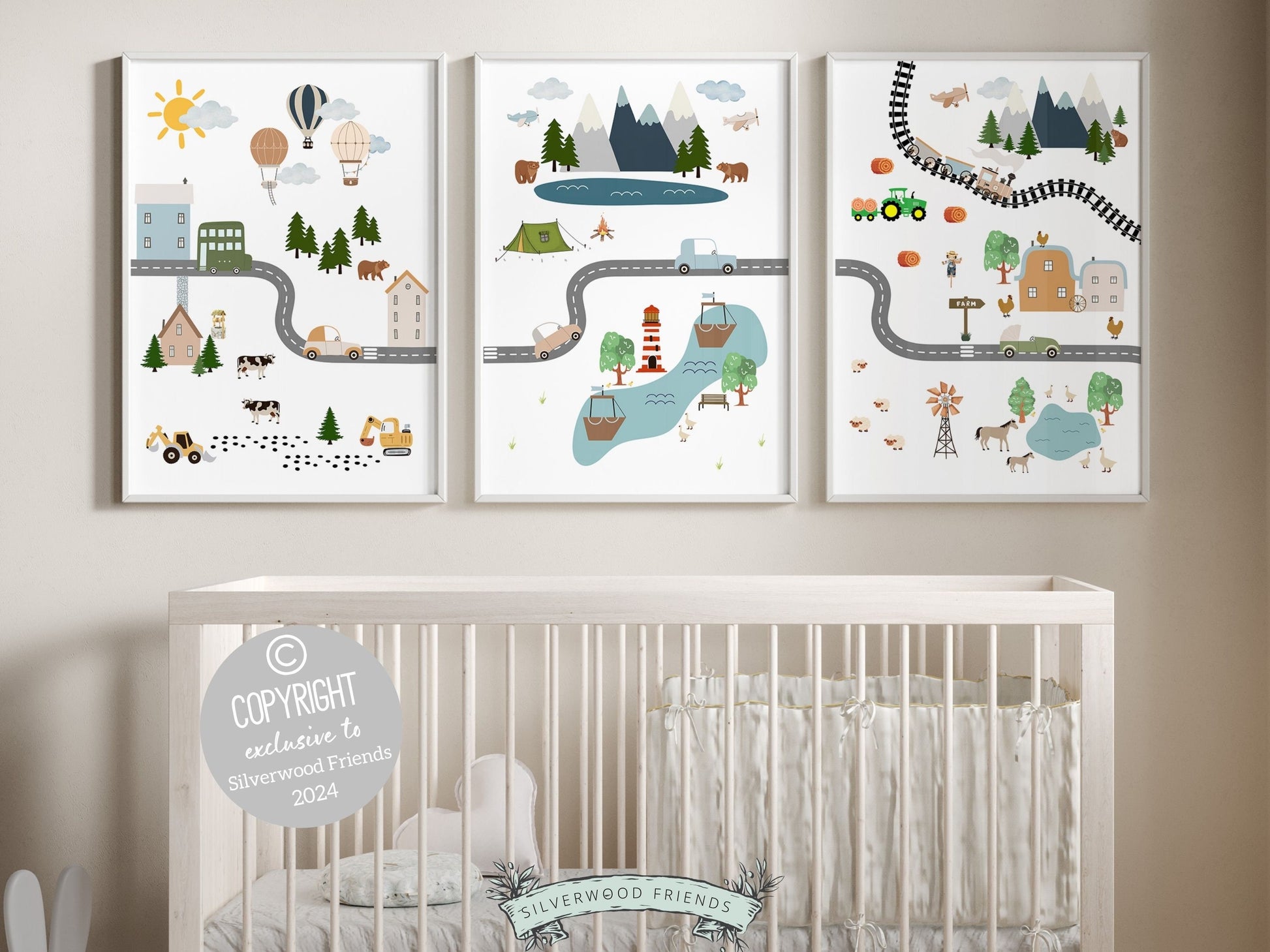 Set of 3 Car Nursery Prints where adorable farm animals, wild bears, tractors, and cars come together. Perfect for a transport themed haven or embracing the rustic charm of farmland, these prints promise an imaginative and enchanting adventure.