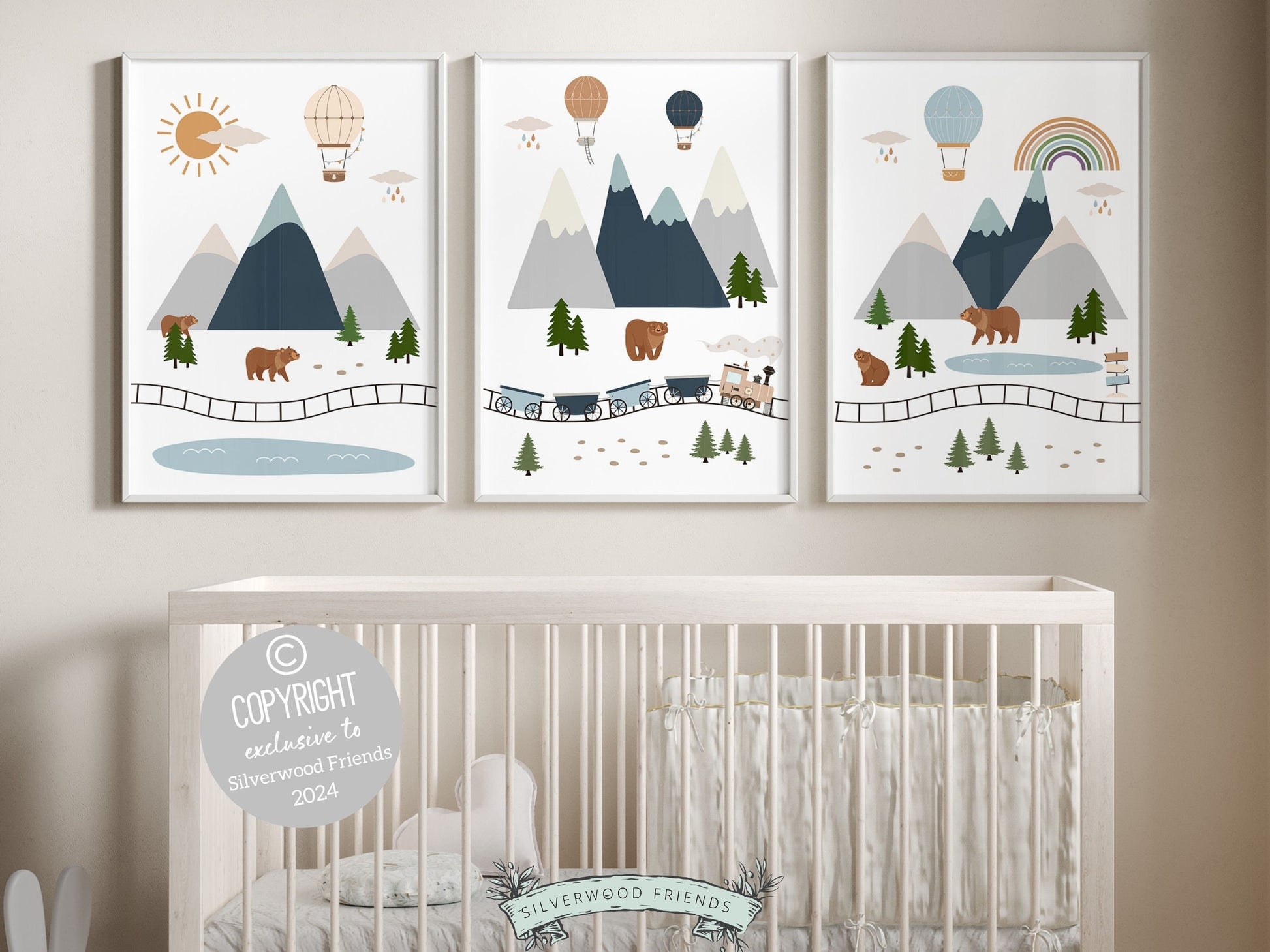Set of 3 Train Nursery Prints, where hot air balloons soar high above mountains and wild bears. Perfect for your transport theme nursery or adventure mountain bedroom decor, or as a unique baby shower gift.