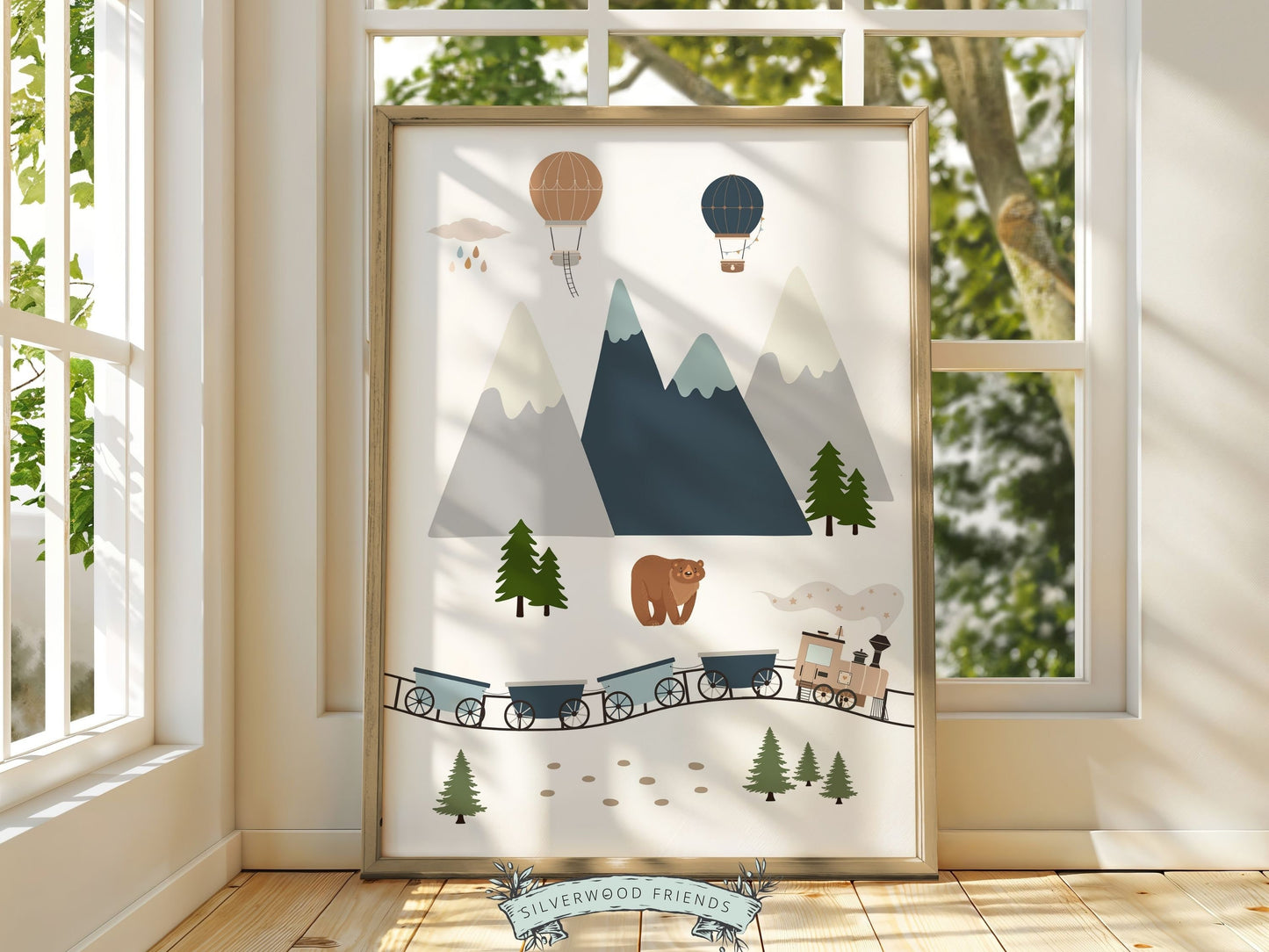 Boys Train Nursery Print, Transport Air Balloon Nursery Decor, Toddler Boy Adventure Room Wall Decor, Boys Train Rail Road Map Digital Print
