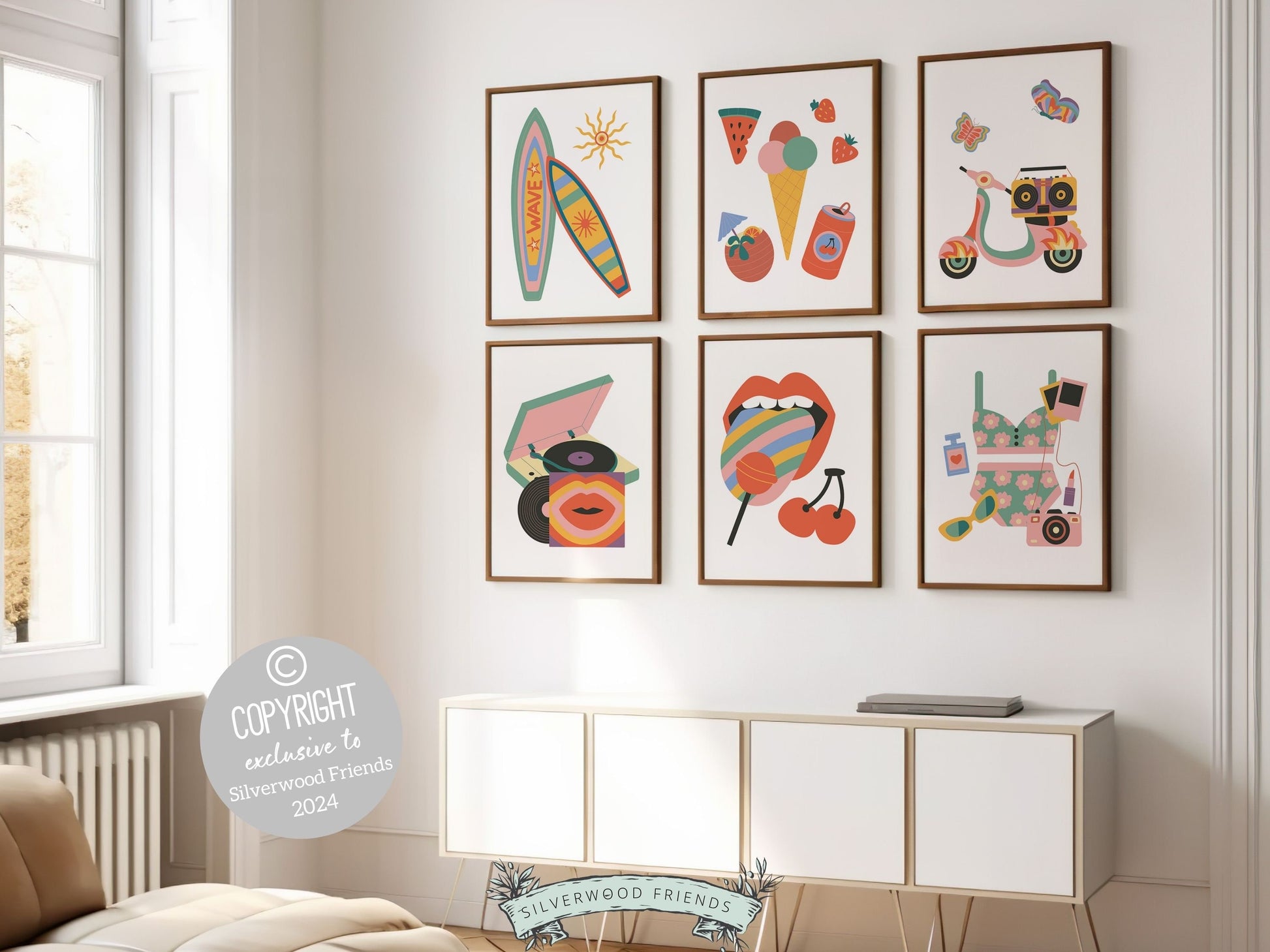 Trendy Retro Prints, Girls Colorful Surf Nursery Wall Art, Preppy Maximalist Dorm Room Decor, Girly Surfboard Teen Room Decor Digital Prints