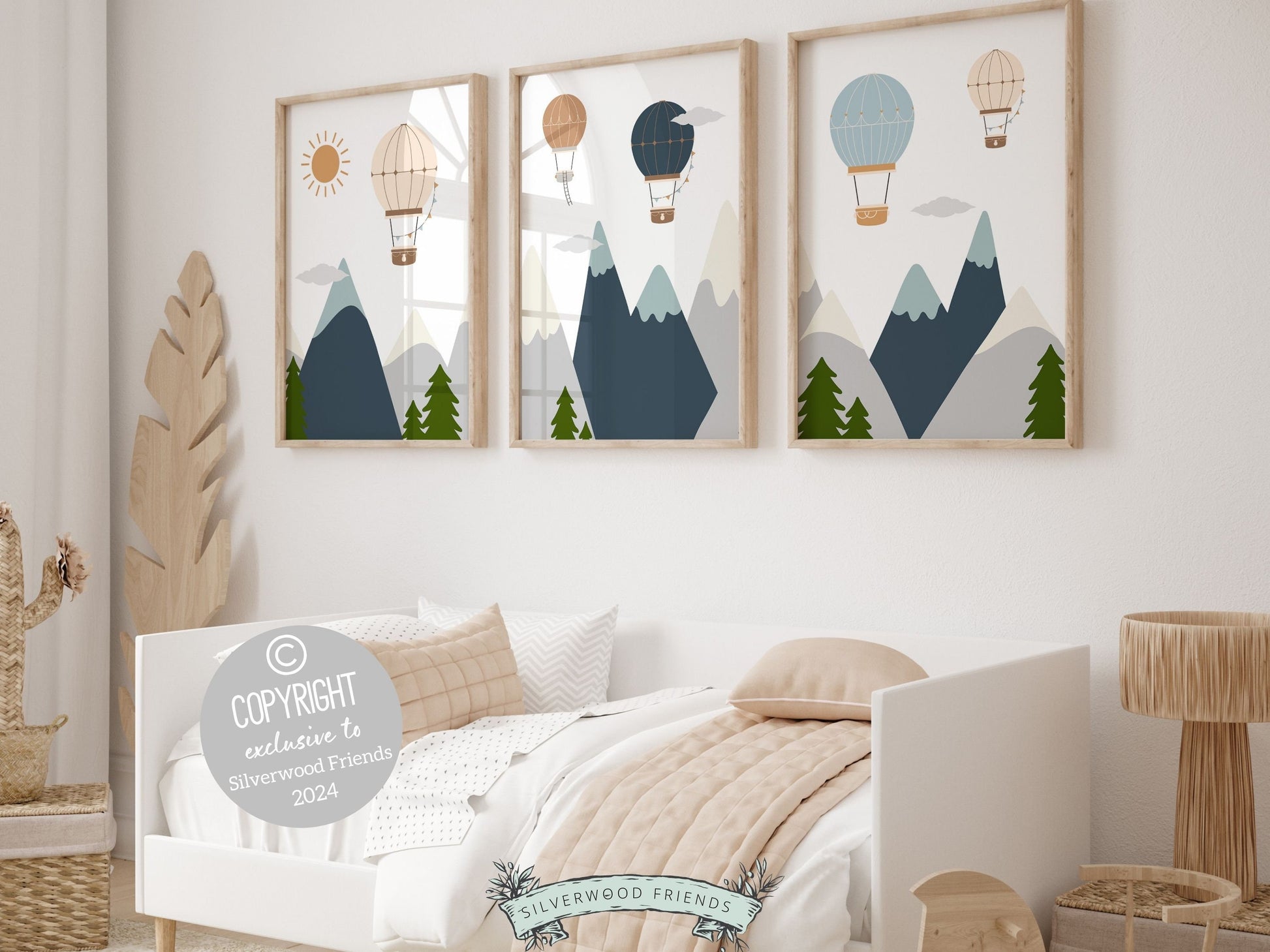 Hot Air Balloon Nursery Prints featuring charming balloons soaring above mountains and forests in soothing blue and beige tones. Perfect for transport-themed or adventure-inspired decor these prints also make a unique and thoughtful baby shower gift.