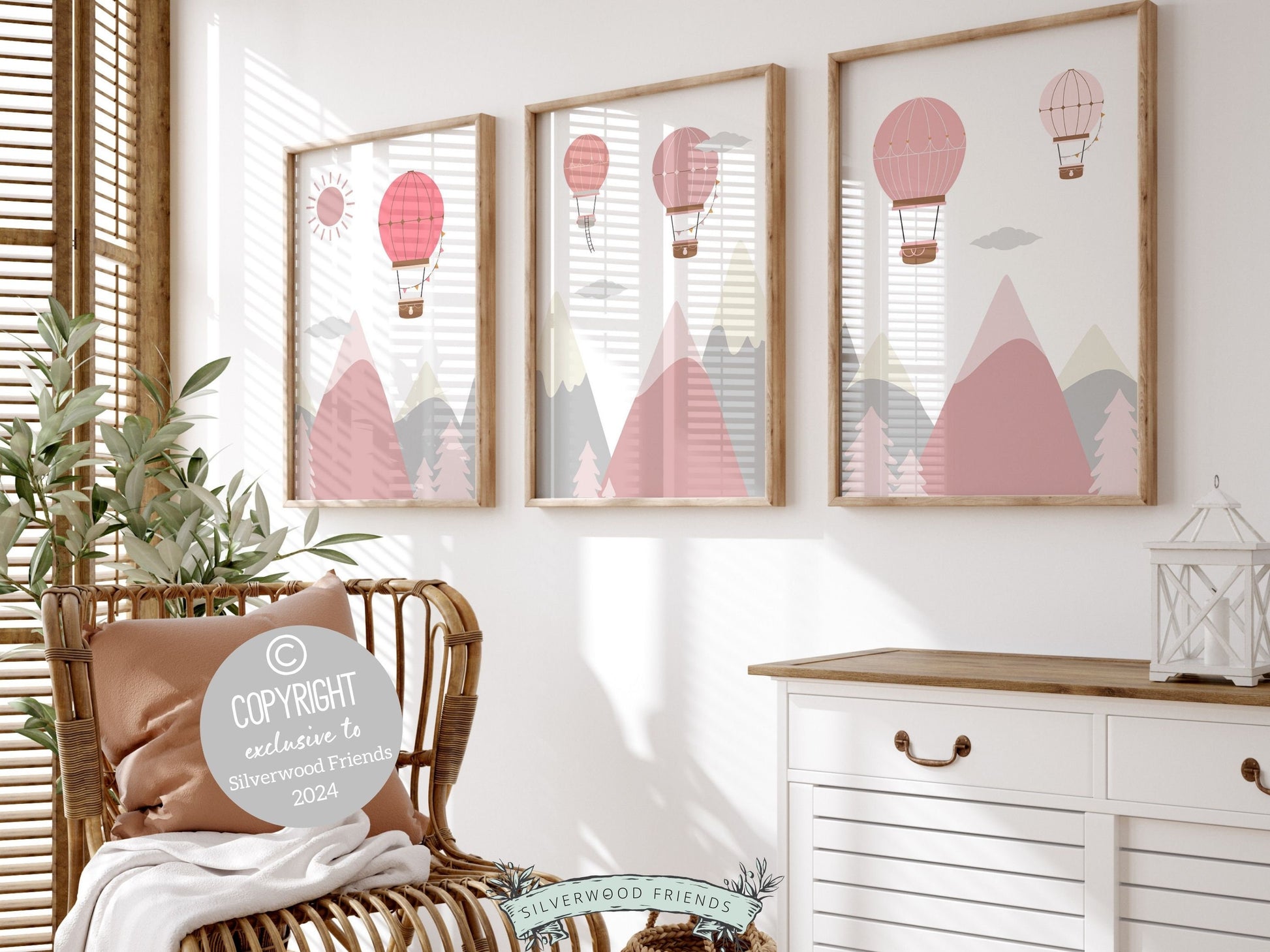 Pink Hot Air Balloon Nursery Prints, Baby Girl Blush Pink Air Balloon Nursery Decor, Adventure Room Wall Decor Girls Nursery Digital Prints