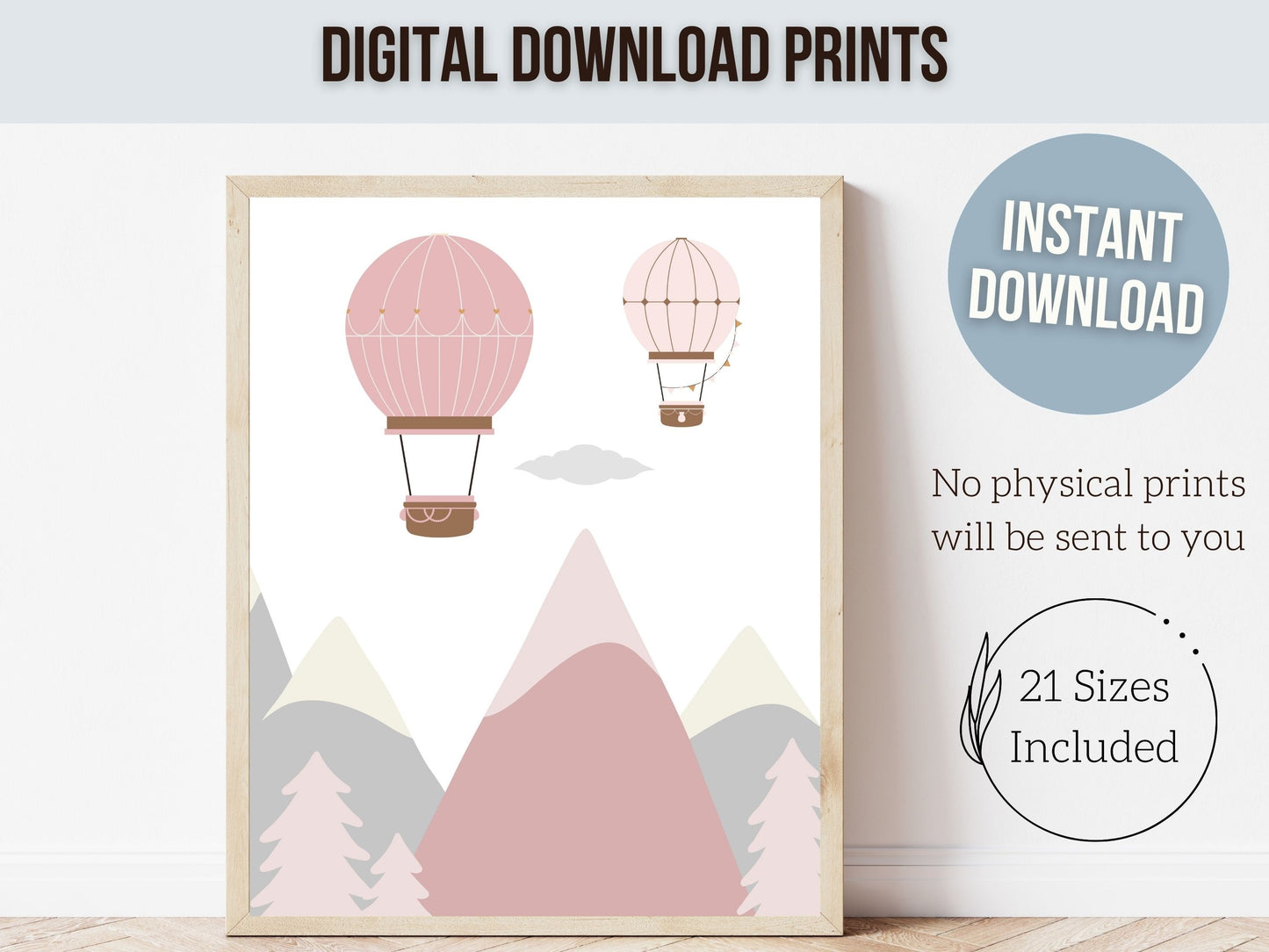Pink Hot Air Balloon Nursery Prints, Baby Girl Blush Pink Air Balloon Nursery Decor, Adventure Room Wall Decor Girls Nursery Digital Prints