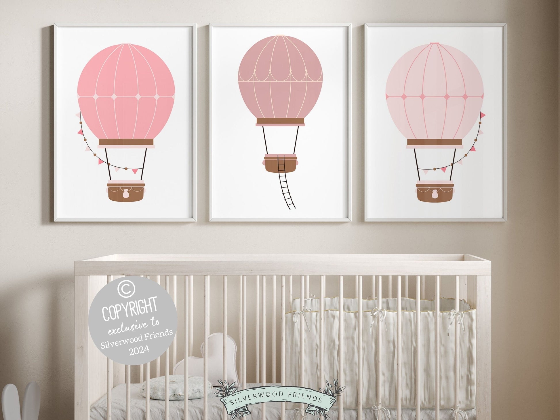 Blush Pink Hot Air Balloon Nursery Prints, Baby Girl Blush Pink Air Balloon Nursery Decor, Girls Blush Pink Nursery Digital Prints