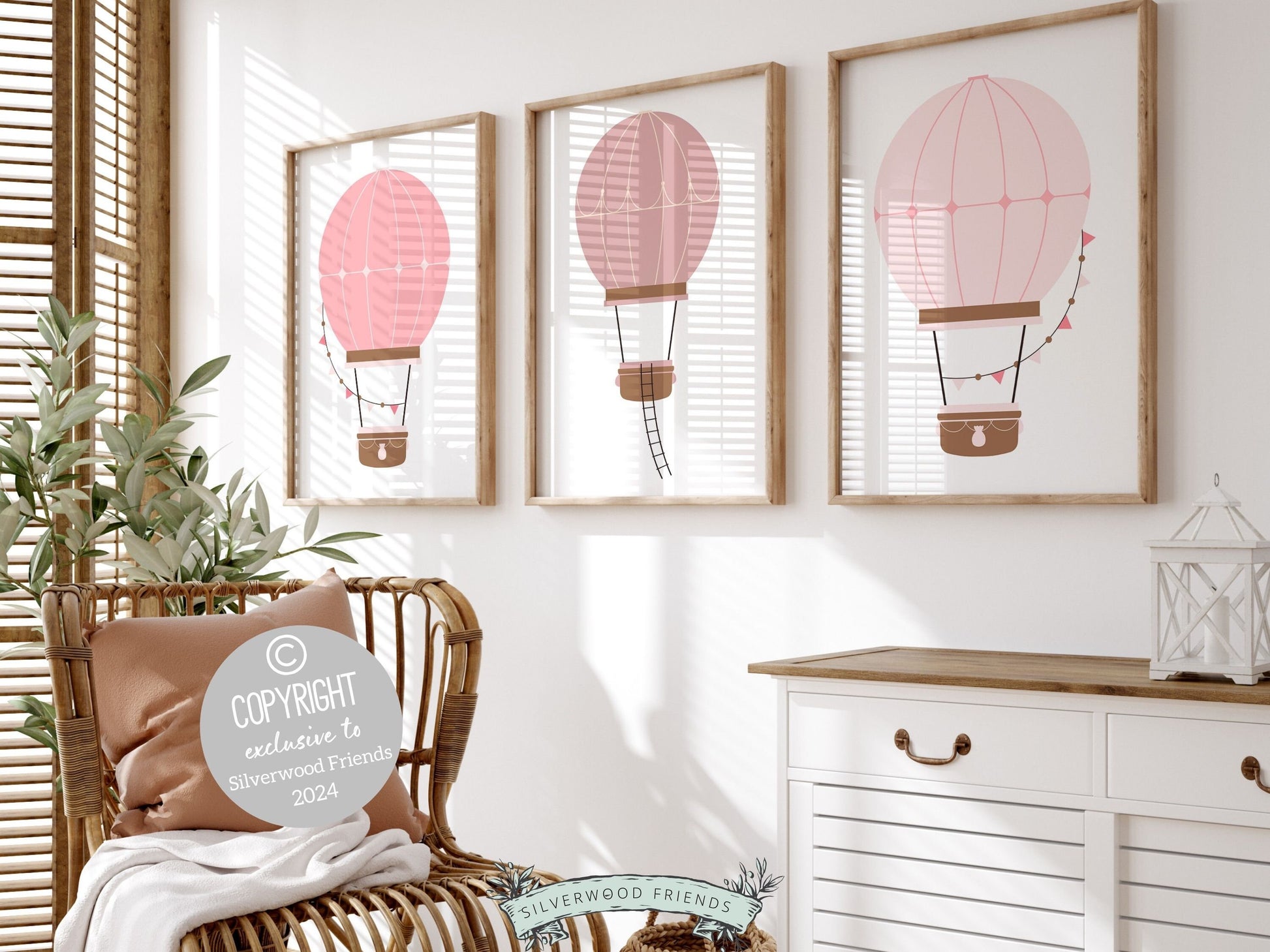Blush Pink Hot Air Balloon Nursery Prints, Baby Girl Blush Pink Air Balloon Nursery Decor, Girls Blush Pink Nursery Digital Prints