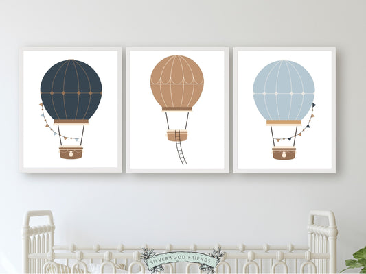 Hot Air Balloon Nursery Prints, Baby Boys Navy Blue Adventure Nursery Decor, Toddler Boys Transport Adventure Room Wall Decor Digital Prints