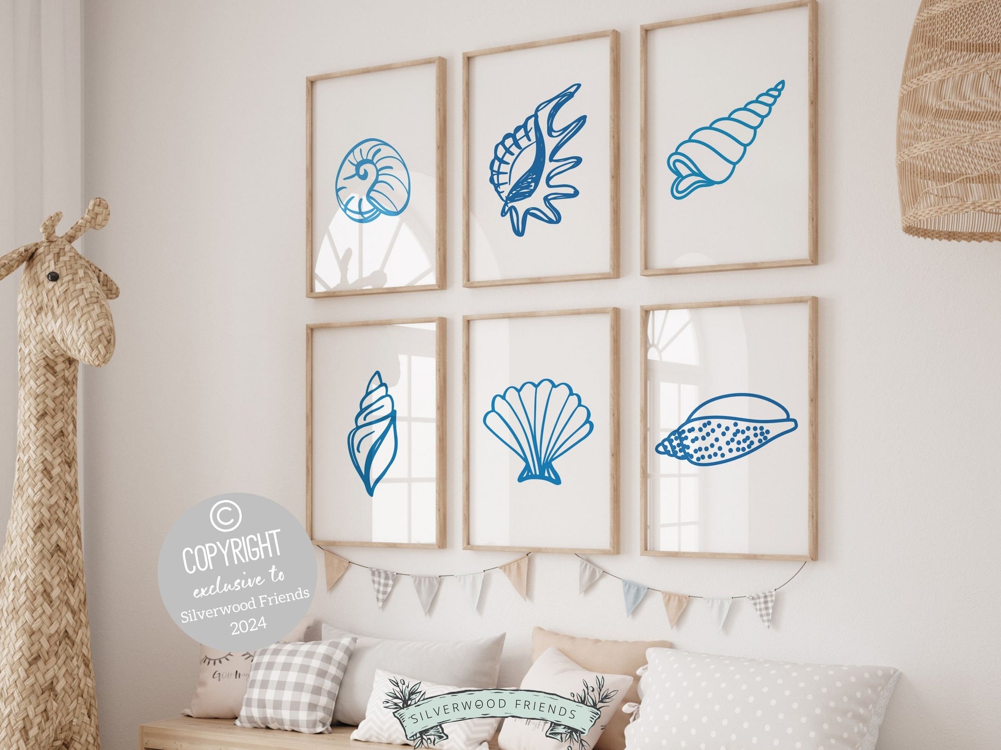 Set of 6 Seashell Prints featuring colorful blue, minimalist designs, ideal for your beach house or kids room wall decor. Our charming prints also make a thoughtful and unique beachy baby shower gift, adding a serene coastal touch to any space.
