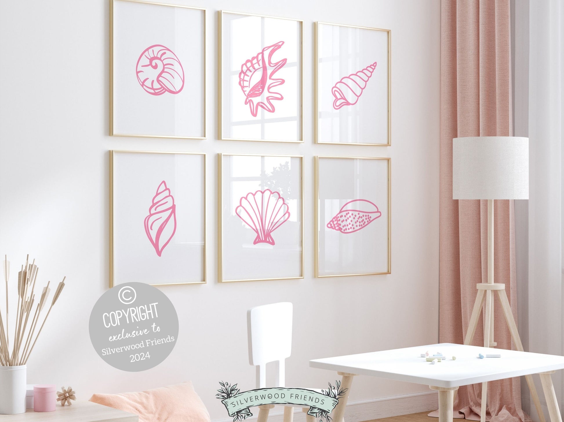 Set of 6 Pink Seashell Prints featuring colorful, pink minimalist designs, ideal for your beach house or girls room wall decor. Our charming prints also make a thoughtful and unique beachy baby shower gift, adding a serene coastal touch to any space.