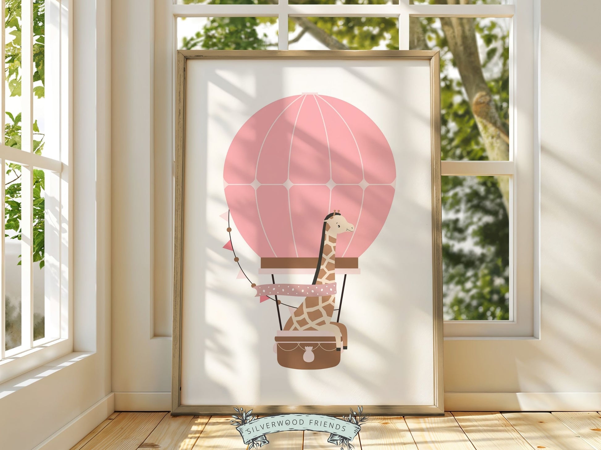 Blush Pink Hot Air Balloon Nursery Prints, Baby Girl Blush Pink Balloon Nursery Decor, Girls Woodland Safari Theme Room Decor Digital Prints