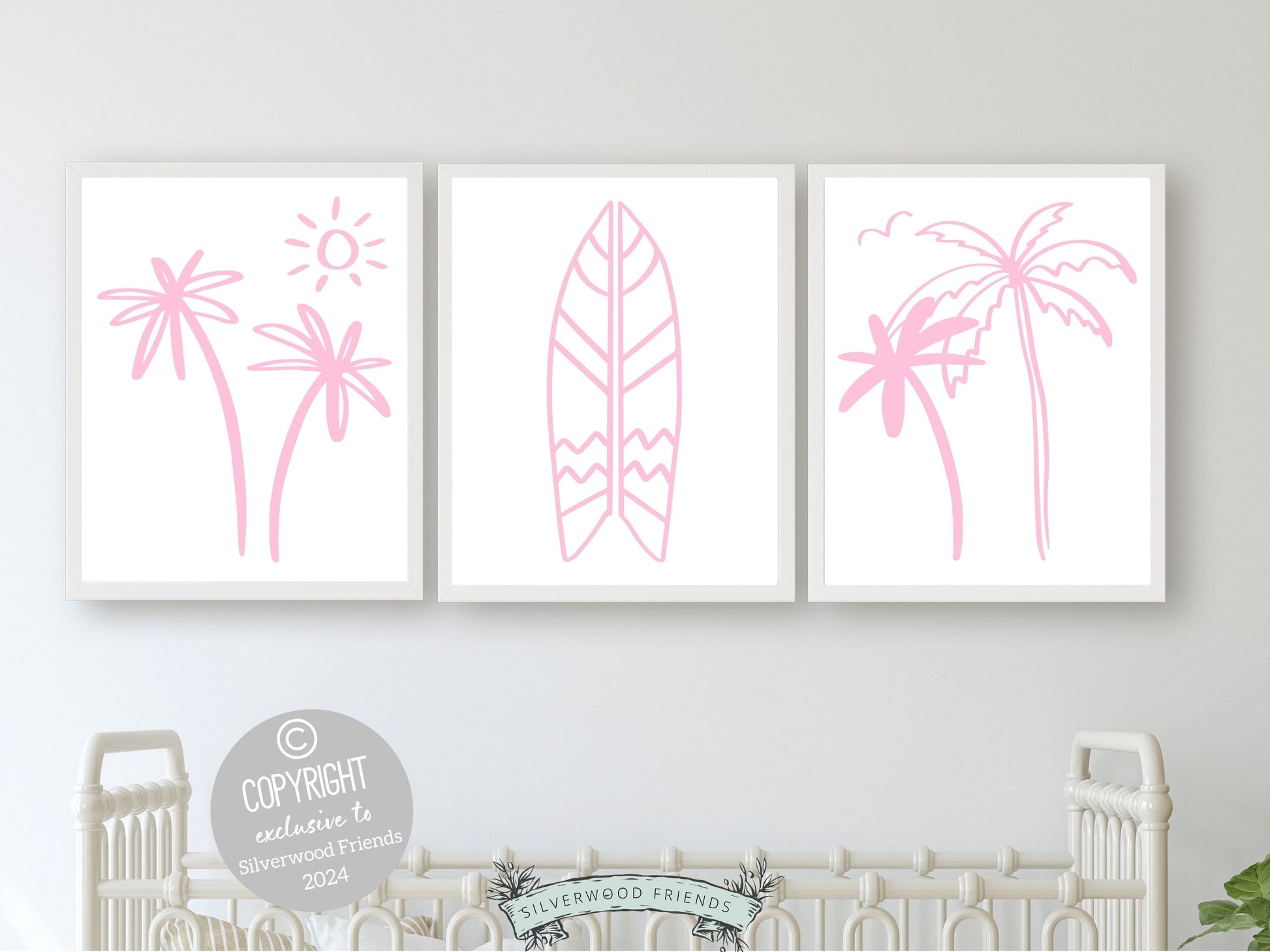 Pink Surfboard Palm Tree Print, Beachy Surfboard Wall Art, Girls Surf Nursery Wall Art, Girly Beach House Surfing Room Decor Digital Print