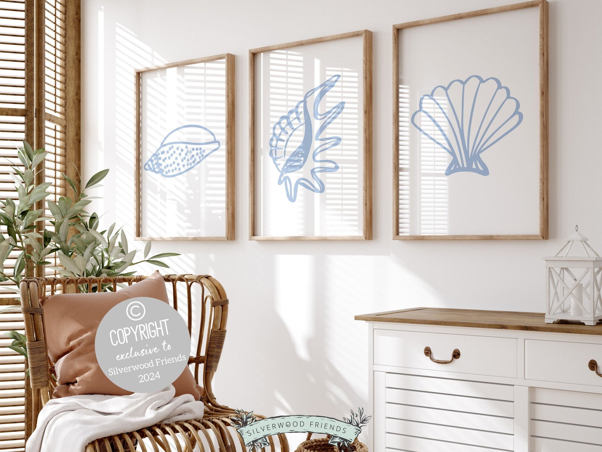 Blue Seashell Prints, Coastal Beachy Wall Art, Under The Sea Minimalist Nursery Wall Art,Beach House Kids Surf Room Wall Decor Digital Print