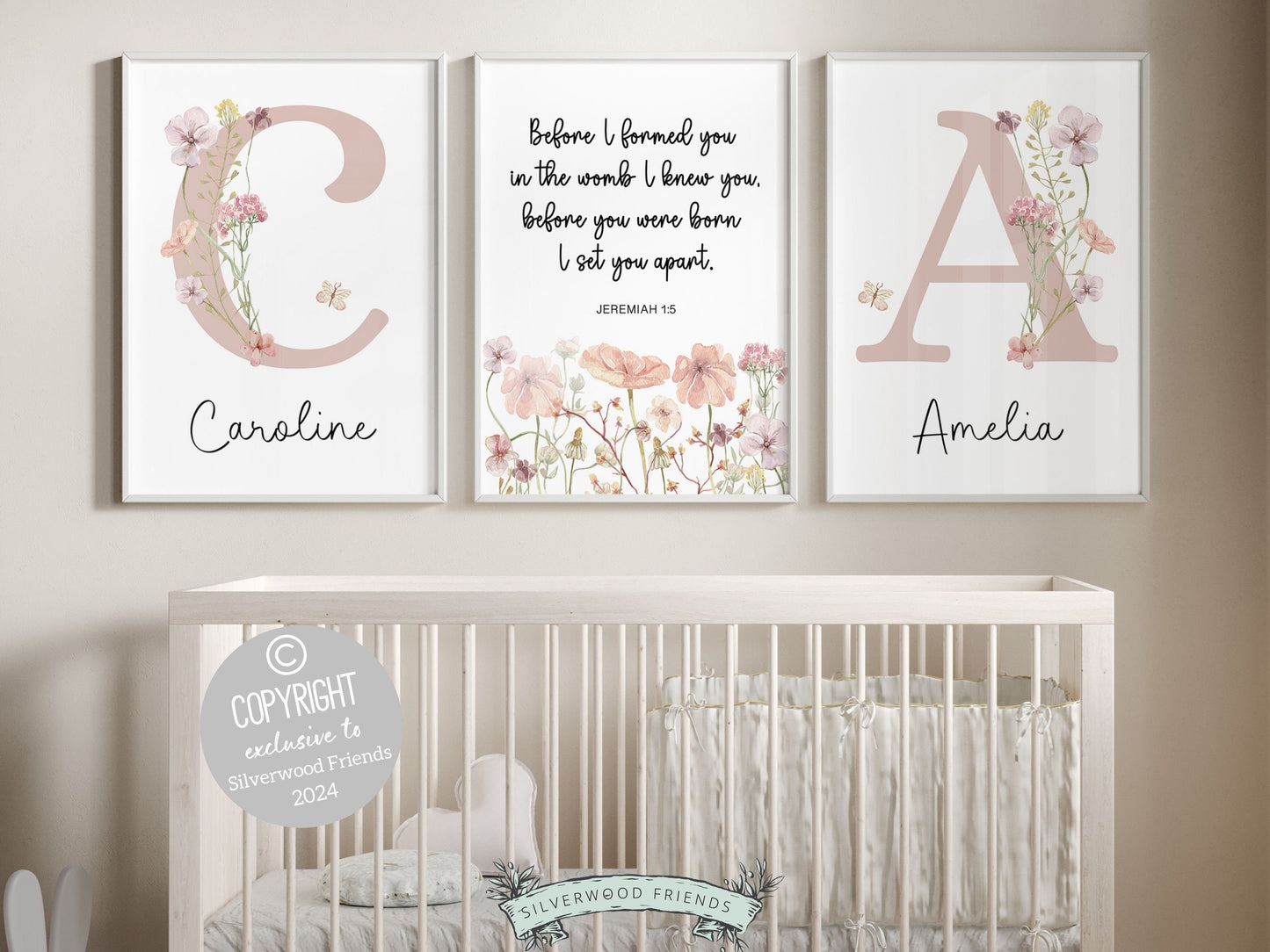 Our gorgeous custom bible verse wildflower nursery name prints with watercolor wildflowers are part of our BEST SELLING wildflower collection, and are perfect as a custom nursery print set for your new baby or as a unique baby shower gift.