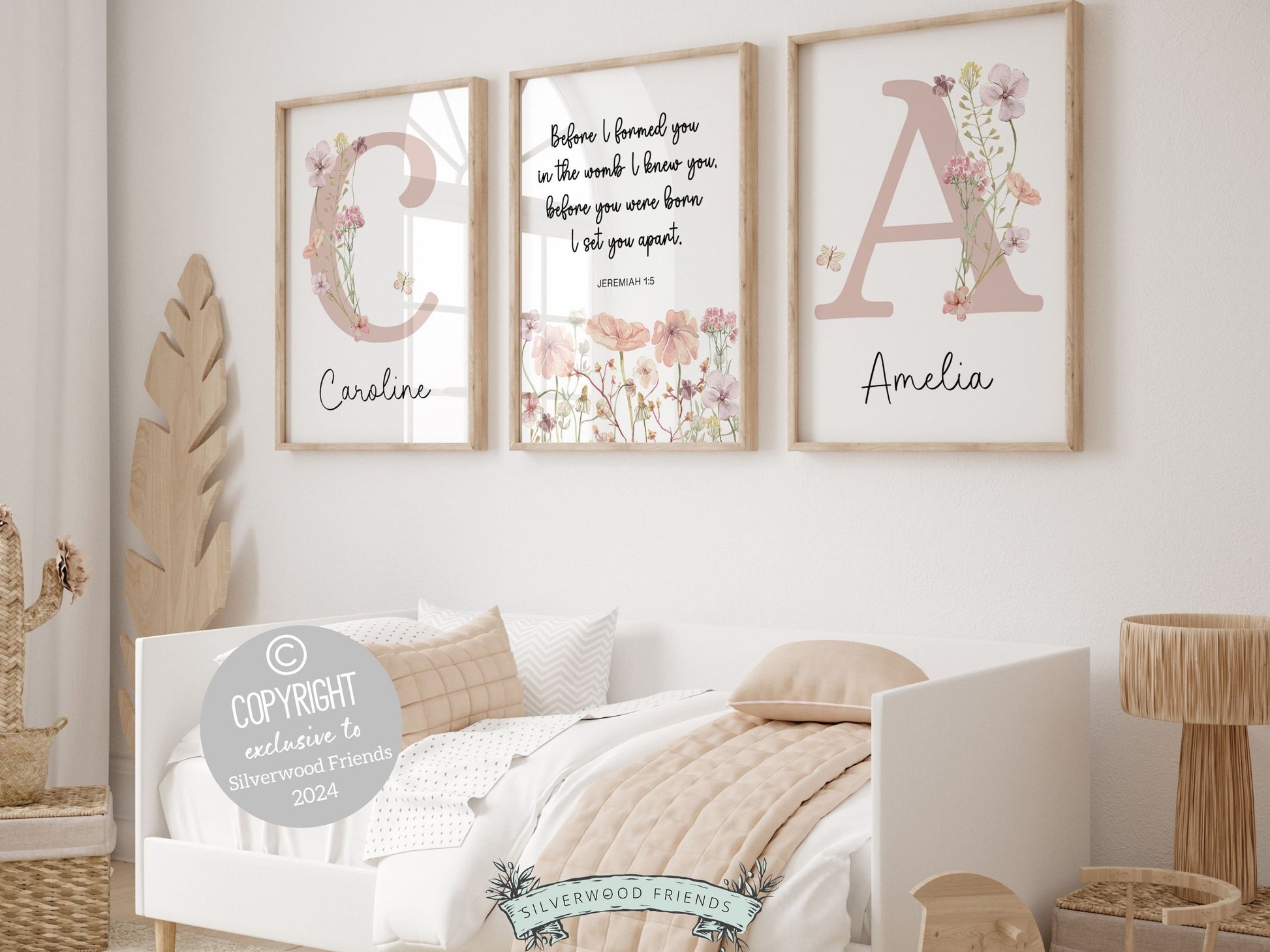Christian Wildflower Nursery Prints, Baby Girl Name Floral Nursery Wall Art, Jeremiah Bible Verse Nursery Digital Print, Before I formed you