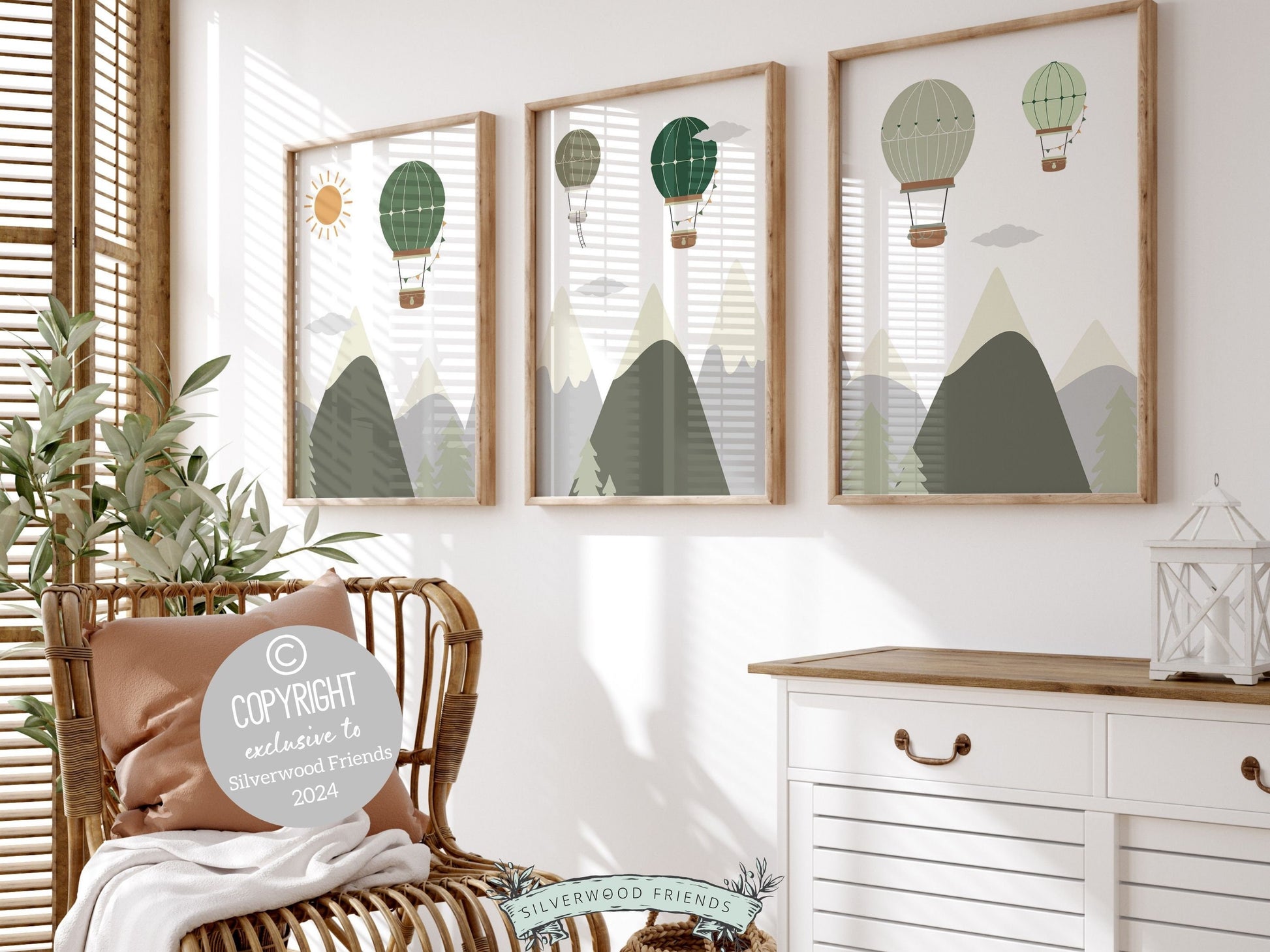 Green Hot Air Balloon Nursery Prints, Green Mountain Adventure Nursery Decor, Toddler Boys Transport Adventure Room Wall Decor Digital Print