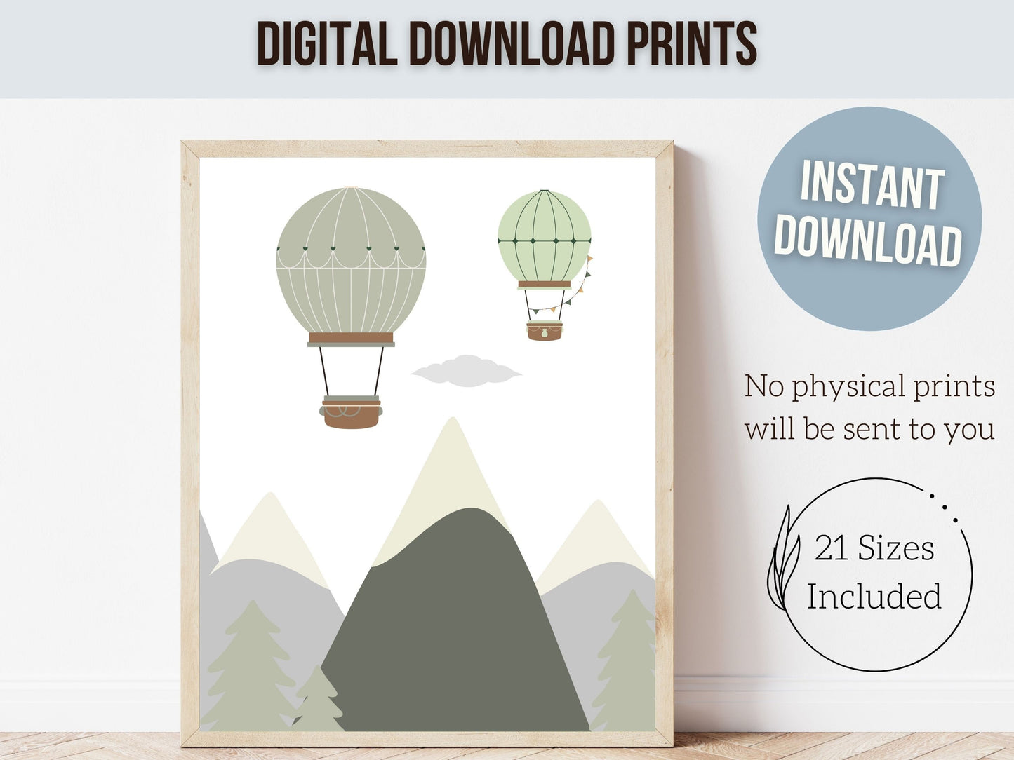 Green Hot Air Balloon Nursery Prints, Green Mountain Adventure Nursery Decor, Toddler Boys Transport Adventure Room Wall Decor Digital Print