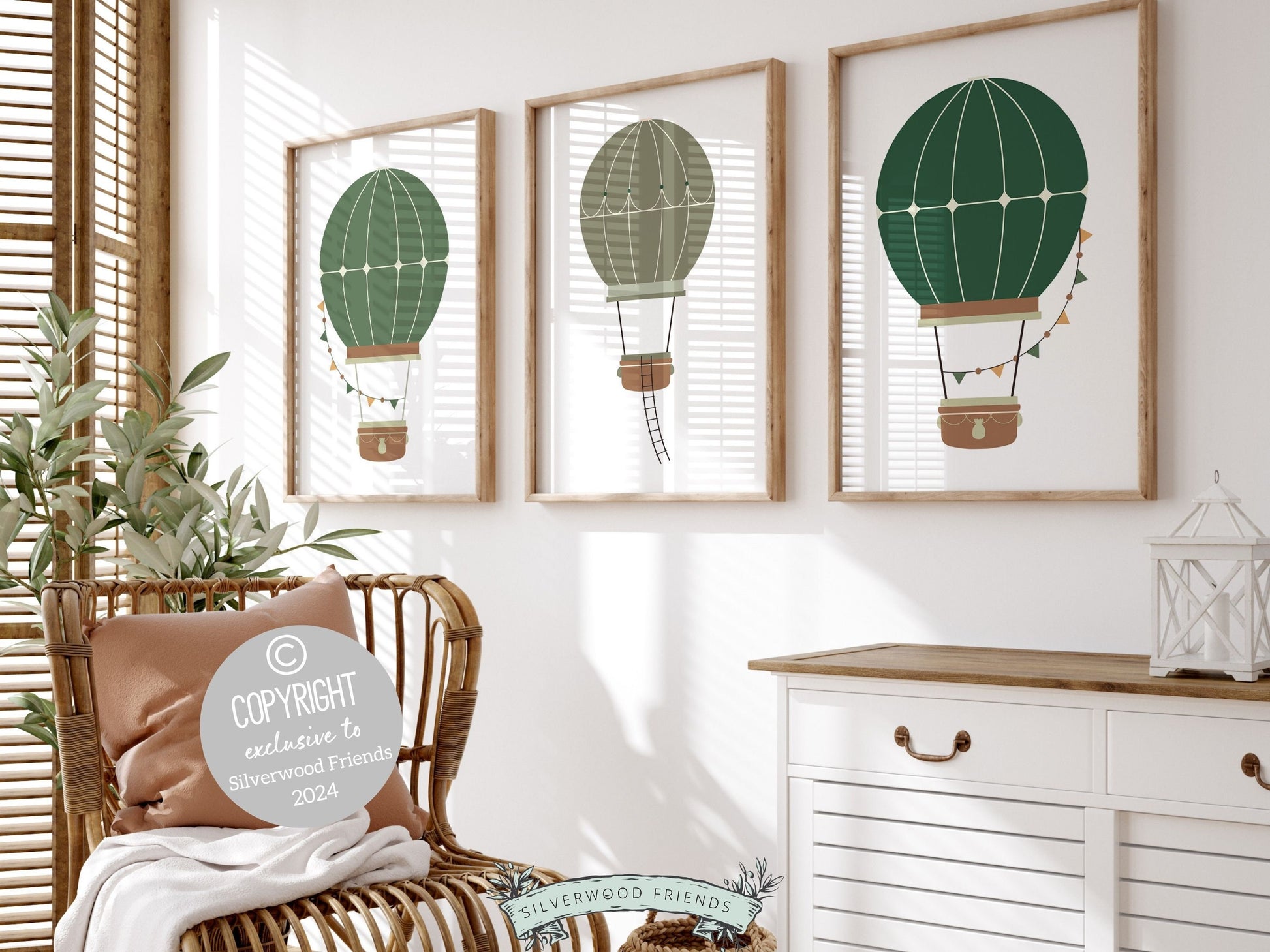 Hot Air Balloon Nursery Prints, featuring charming balloons in soothing green, grey and brown tones. Perfect for transport-themed or adventure-inspired decor, these prints also make a unique and thoughtful baby shower gift.