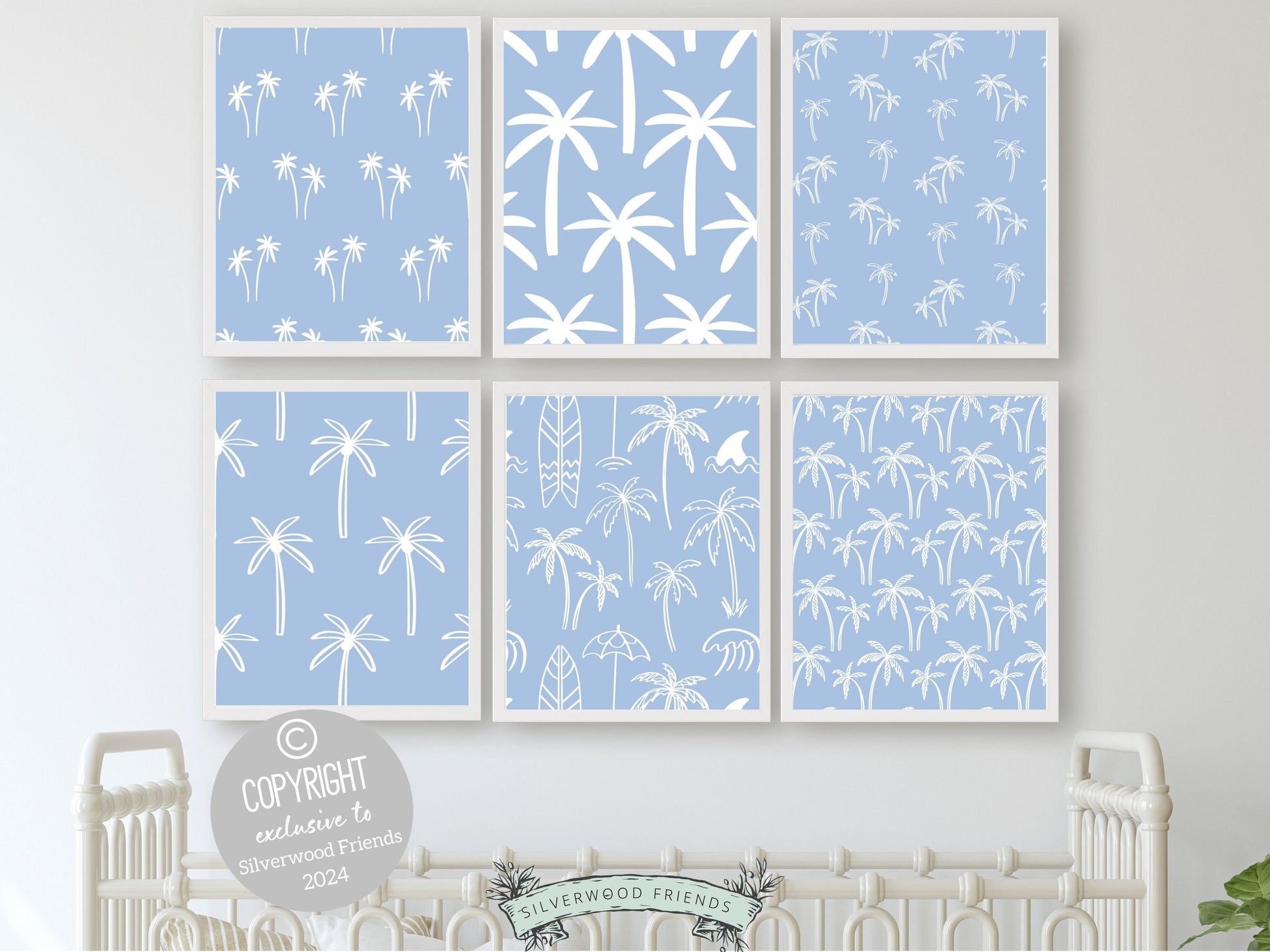 Set of 6 Palm Tree Prints featuring minimalist blue palm trees, ideal for your beach house or kids coastal room wall decor. Our charming prints also make a thoughtful and unique beachy baby shower gift, adding a serene coastal touch to any space.
