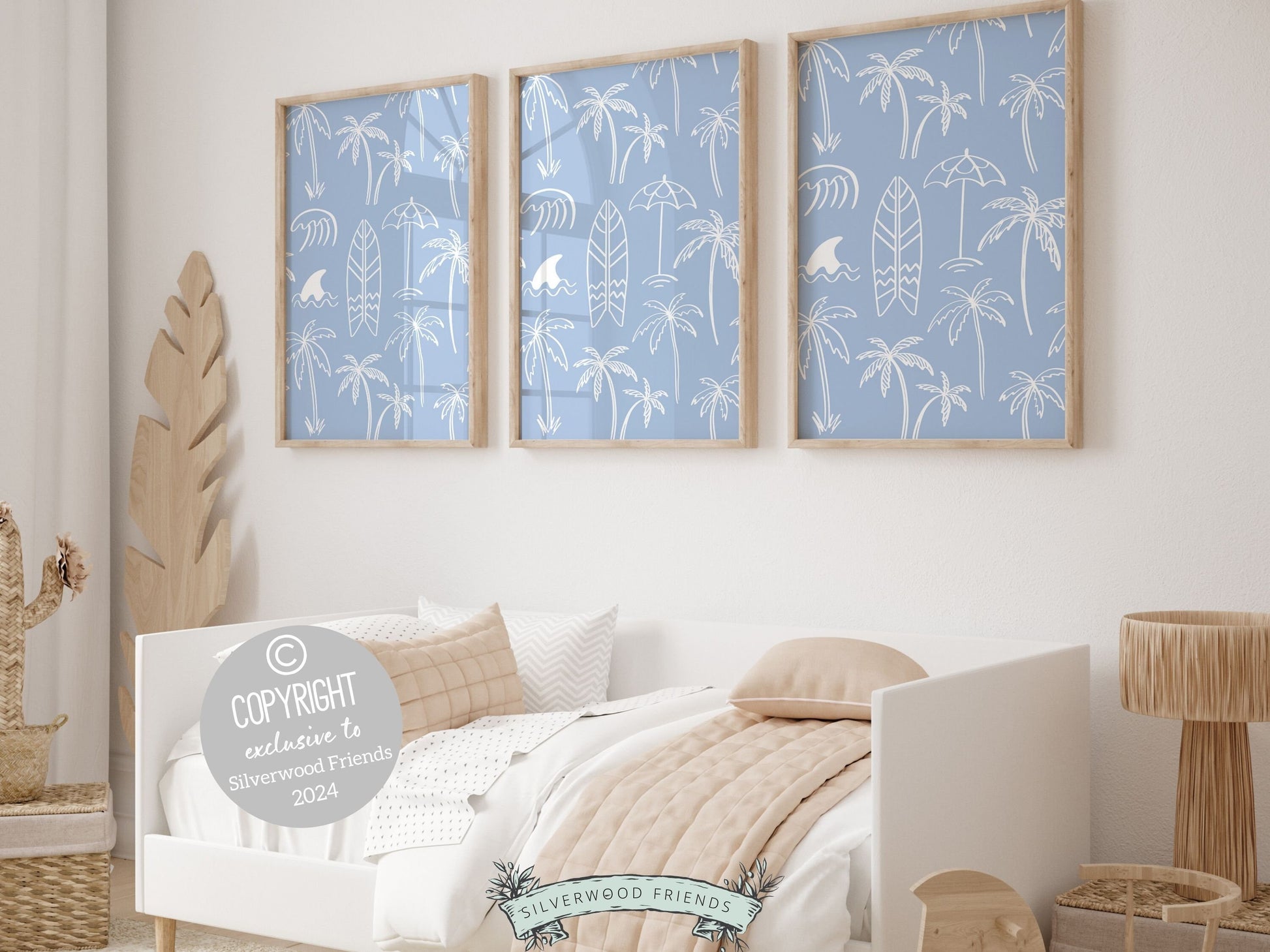 Set of 3 Surfboard Palm Tree Prints featuring minimalist blue beachy designs ideal for your beach house or kids surfing room wall decor. Our prints also make a thoughtful and unique beachy baby shower gift, adding a serene coastal touch to any space.