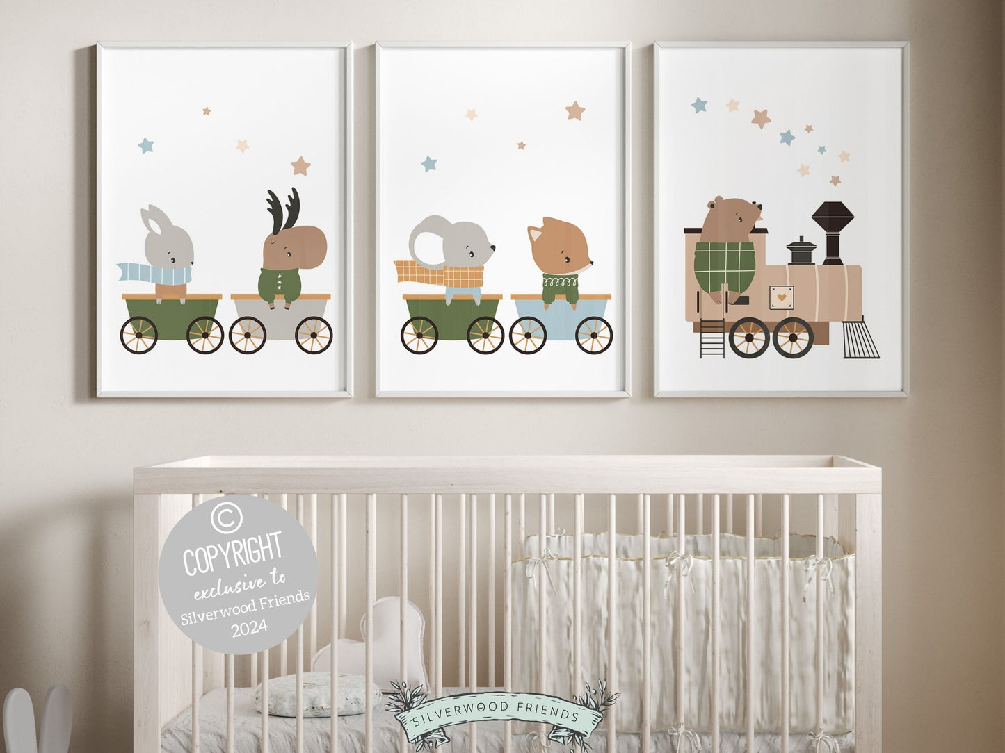 Woodland Animal Nursery Train Print Set of 3 showcasing woodland animals on a train in calming neutral tones. These prints are perfect for your woodland nursery decor or transport theme nursery, and also make a lovely woodland baby shower gift.