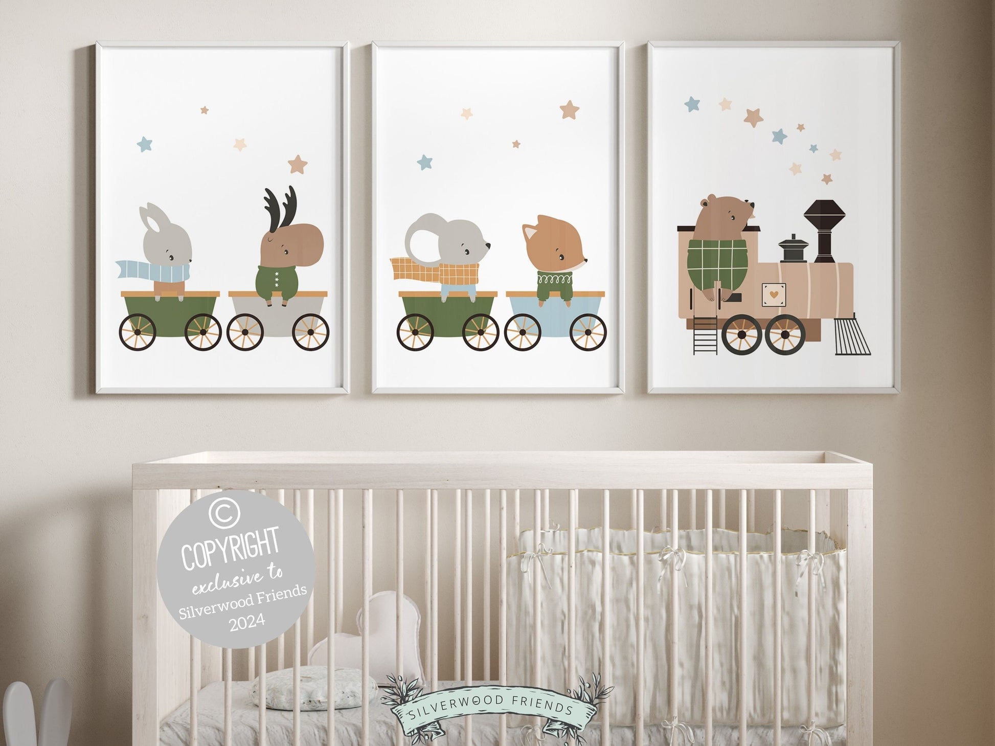 Woodland Animal Nursery Train Print Set of 3 showcasing woodland animals on a train in calming neutral tones. These prints are perfect for your woodland nursery decor or transport theme nursery, and also make a lovely woodland baby shower gift.