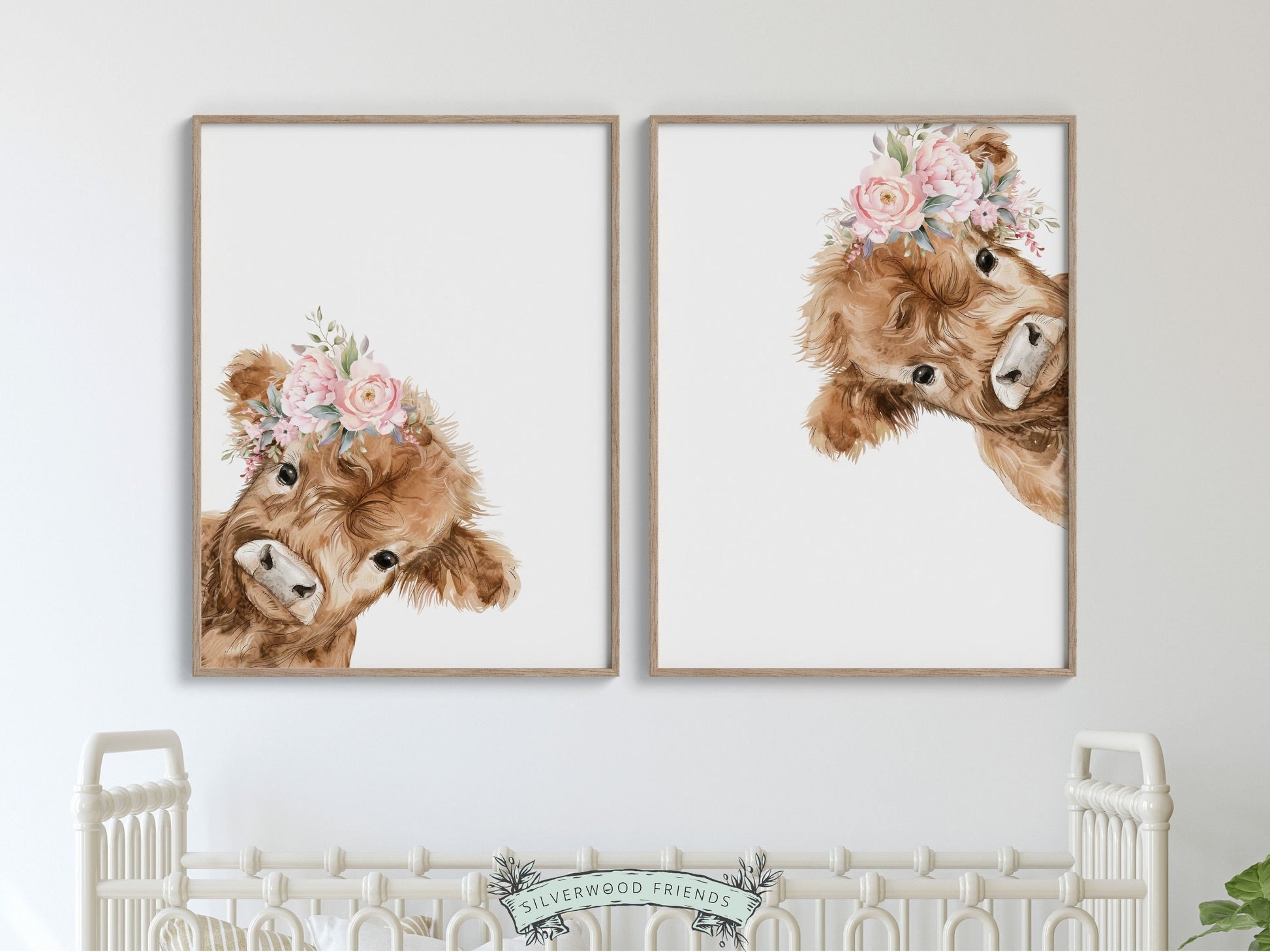 Peeking Highland Cow Nursery Print Set of 2, Highland Cow Nursery Decor, Watercolor Highland Cow Gift Kids Farm Bedroom Decor Digital Print