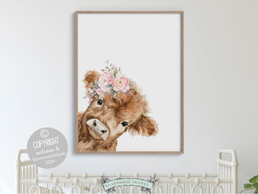 Peeking Highland Cow Nursery Print, Girl Highland Cow Nursery Decor, Baby Girl Watercolor Highland Cow Gift Farm Bedroom Decor Digital Print