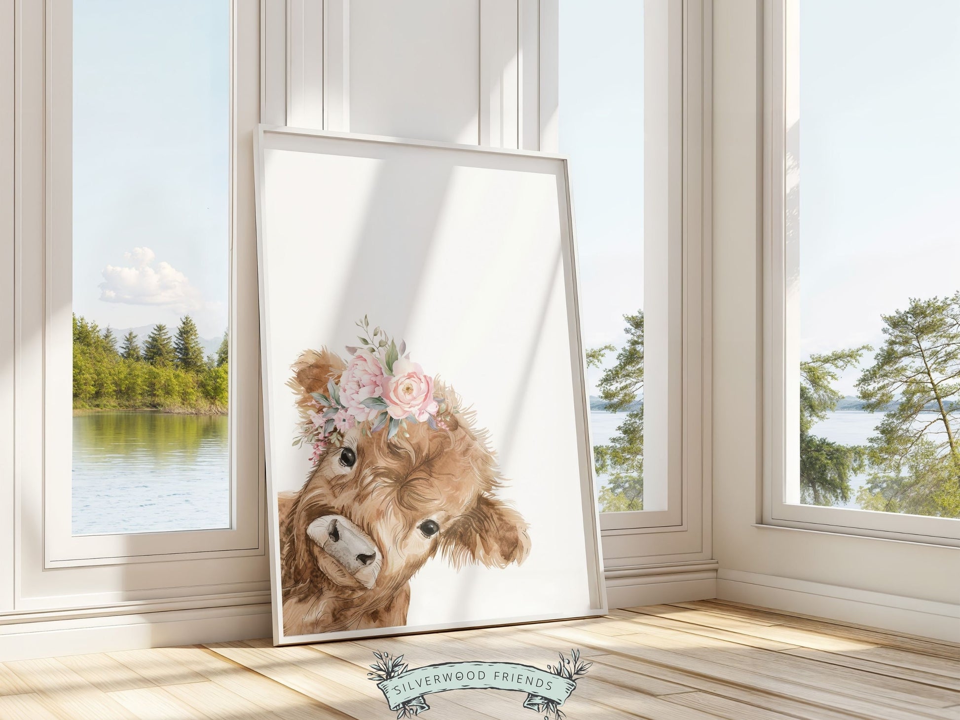 Peeking Highland Cow Nursery Print, Girl Highland Cow Nursery Decor, Baby Girl Watercolor Highland Cow Gift Farm Bedroom Decor Digital Print
