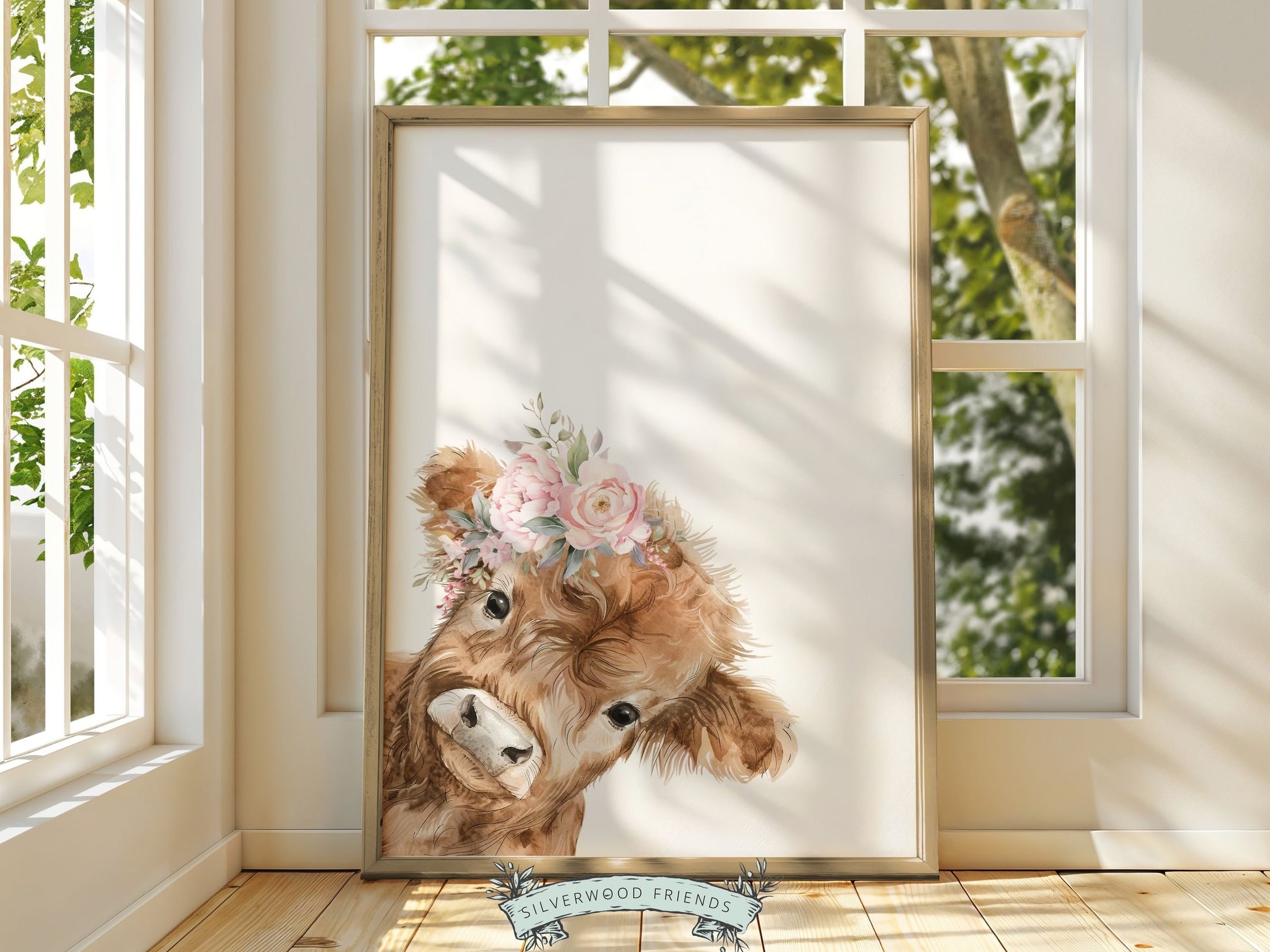 Peeking Highland Cow Nursery Print, Girl Highland Cow Nursery Decor, Baby Girl Watercolor Highland Cow Gift Farm Bedroom Decor Digital Print