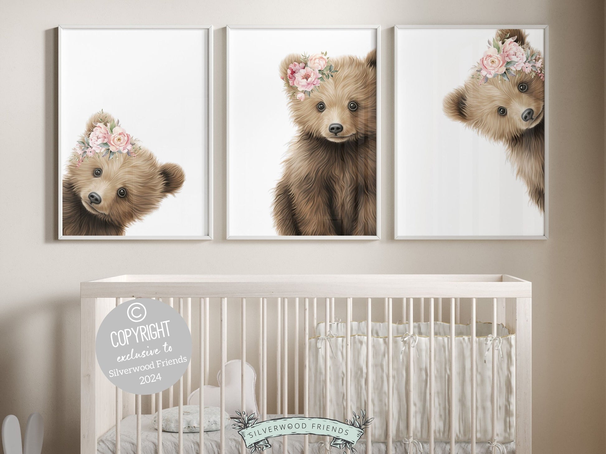 Our delightful minimalist Set of 3 Peeking Bear Nursery Prints features adorable peeking brown bear with floral crowns. Its perfect for your baby girls bear nursery decor or woodland nursery decor and also makes a unique baby shower gift.