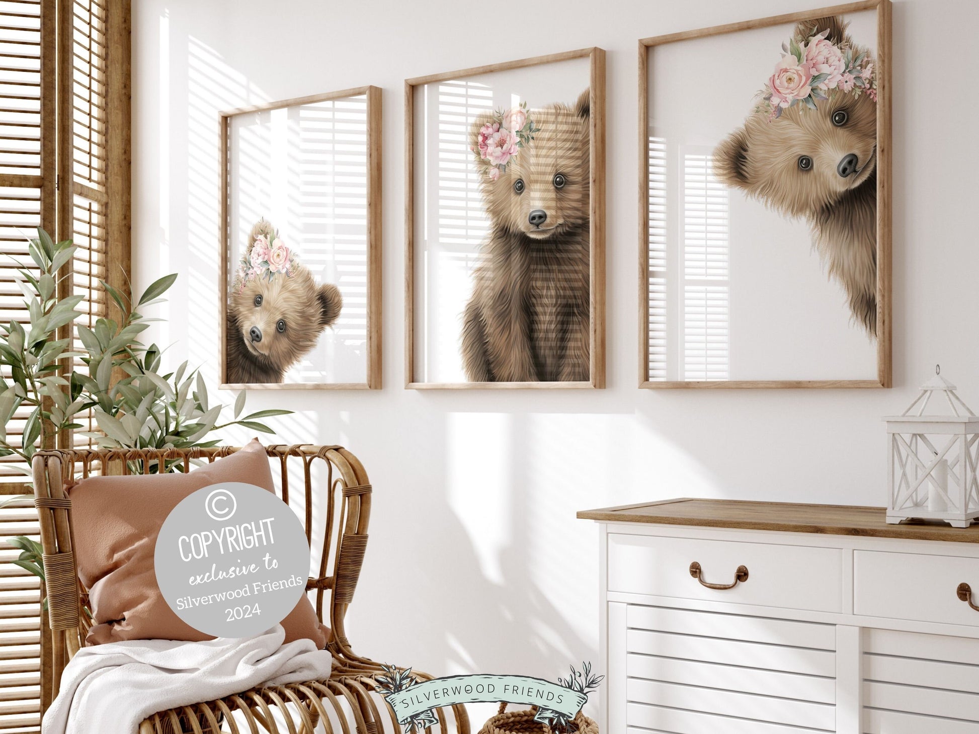 Peeking Bear Nursery Print, Floral Bear Nursery Decor, Baby Girl Wildflower Woodland Nursery Decor, Baby Bear Nursery Wall Art Digital Print