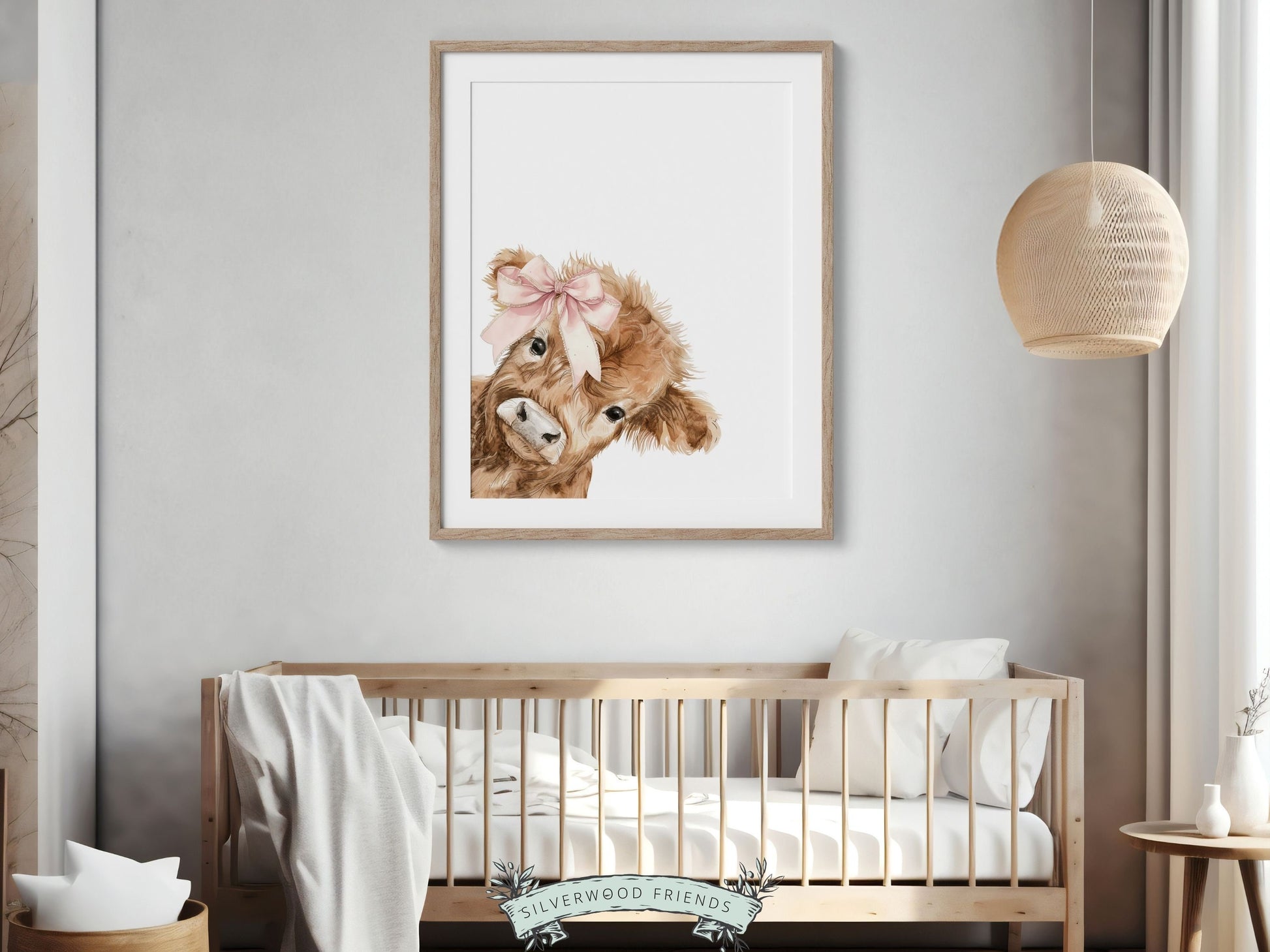 Peeking Highland Cow Nursery Print, Girl Pink Highland Cow Nursery Decor, Baby Highland Cow Picture, Girls Farm Bedroom Decor Digital Print