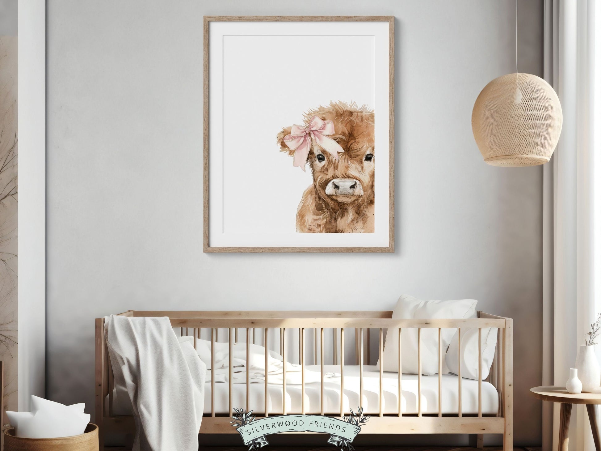Peeking Highland Cow Nursery Print, Girl Pink Highland Cow Nursery Decor, Baby Highland Cow Picture, Girls Farm Bedroom Decor Digital Print