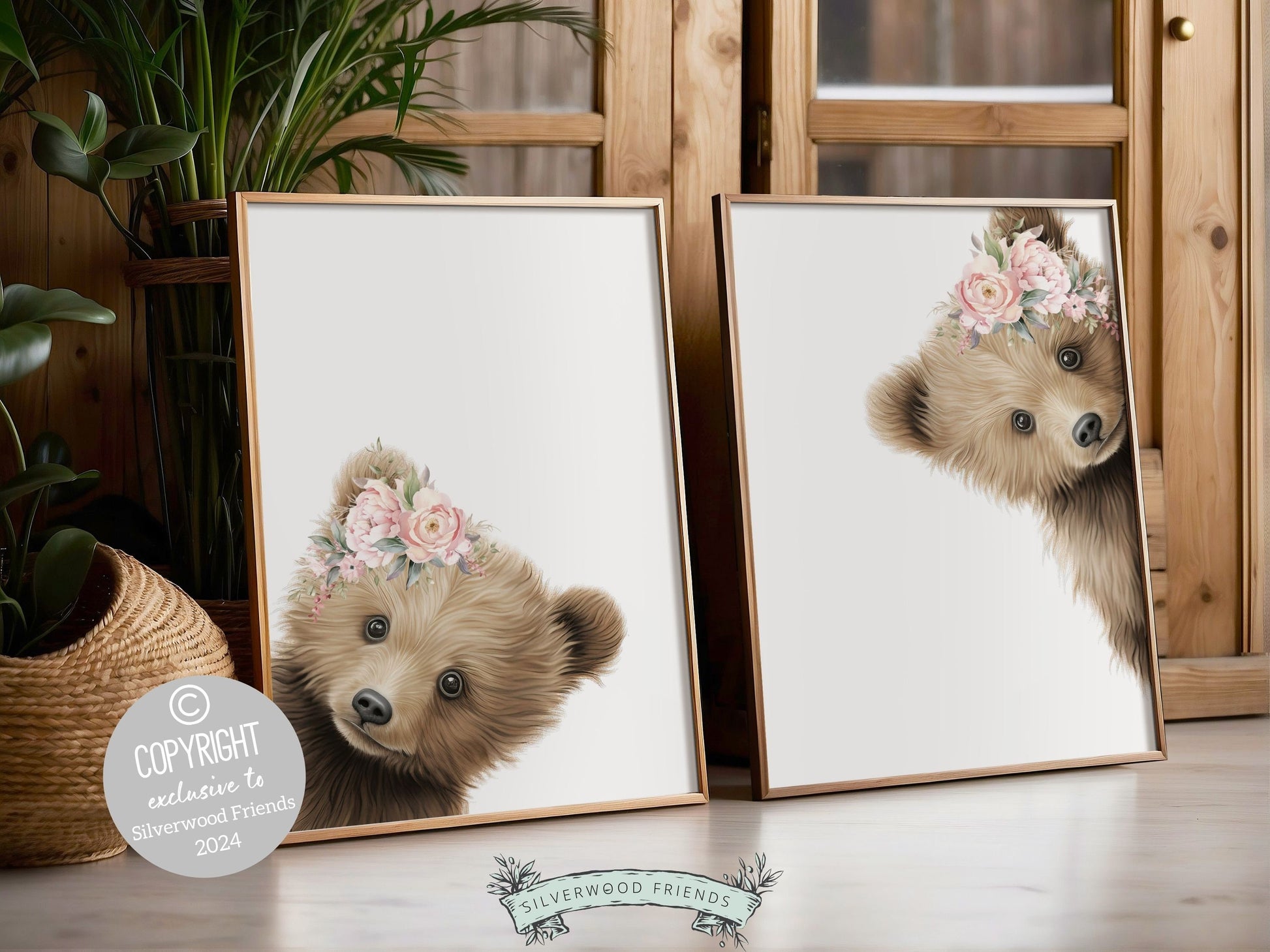 Peeking Bear Nursery Print, Floral Bear Nursery Decor, Baby Girl Wildflower Woodland Nursery Decor, Baby Bear Nursery Wall Art Digital Print