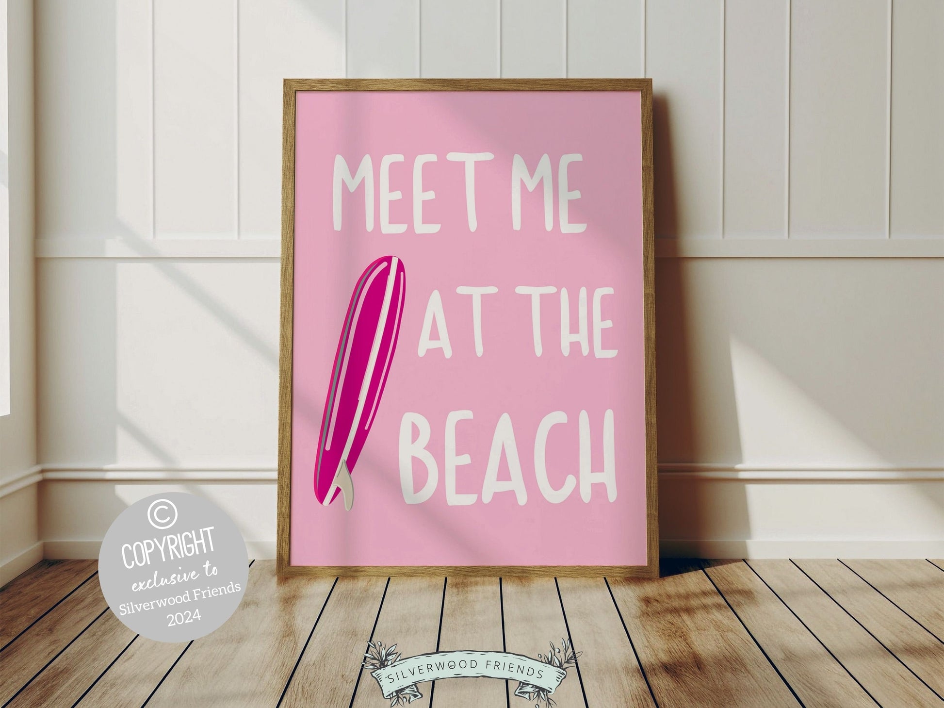 Pink Surfboard Palm Tree Print, Beachy Dorm Room Wall Art, Girls Surf Nursery Wall Art, Girly Beach House Surfing Room Decor Digital Print