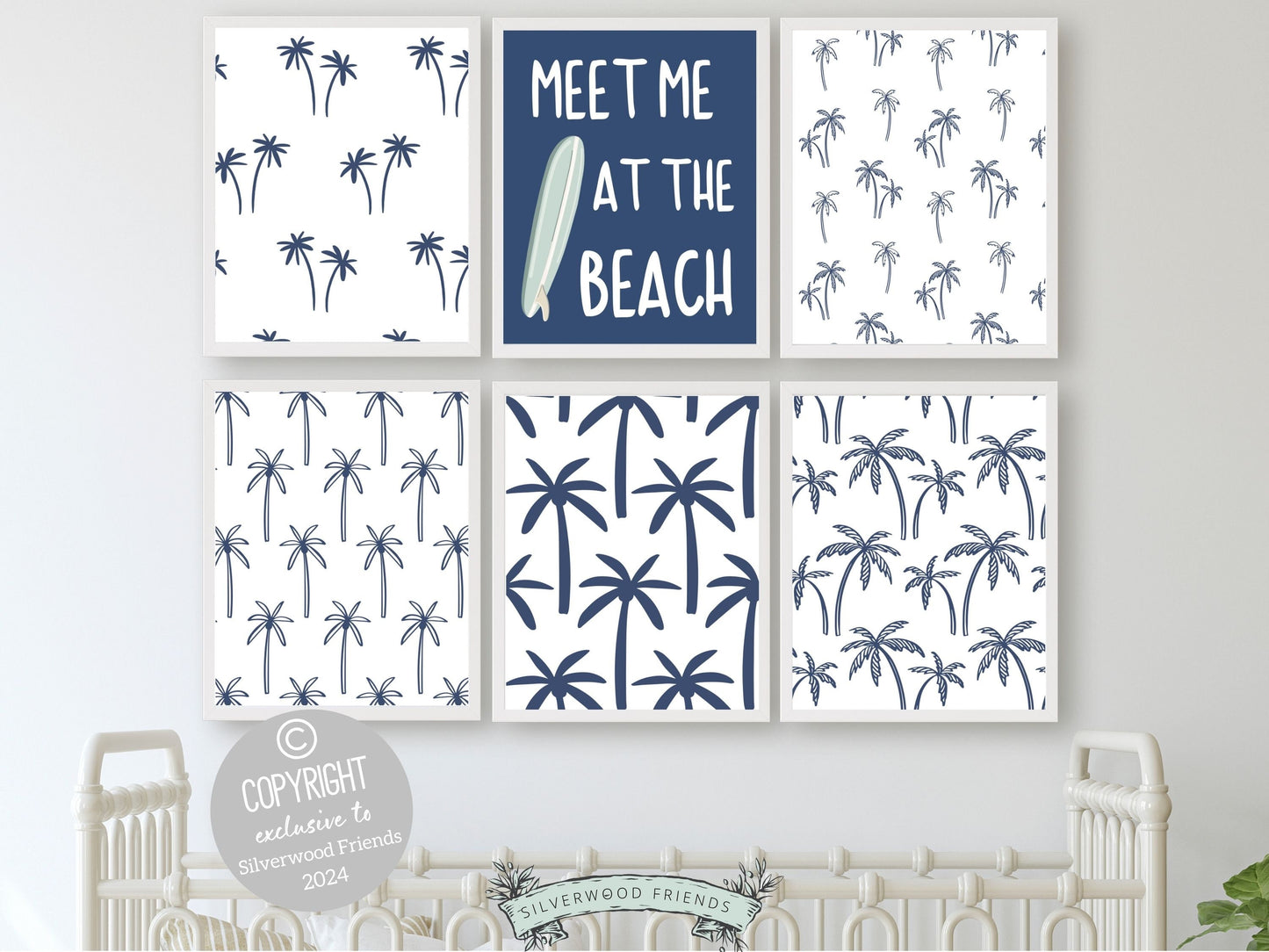 Navy Blue Surfboard Palm Tree Print, Beachy Dorm Room Wall Art, Surf Nursery Wall Art,Navy Blue Beach House Surfing Room Decor Digital Print