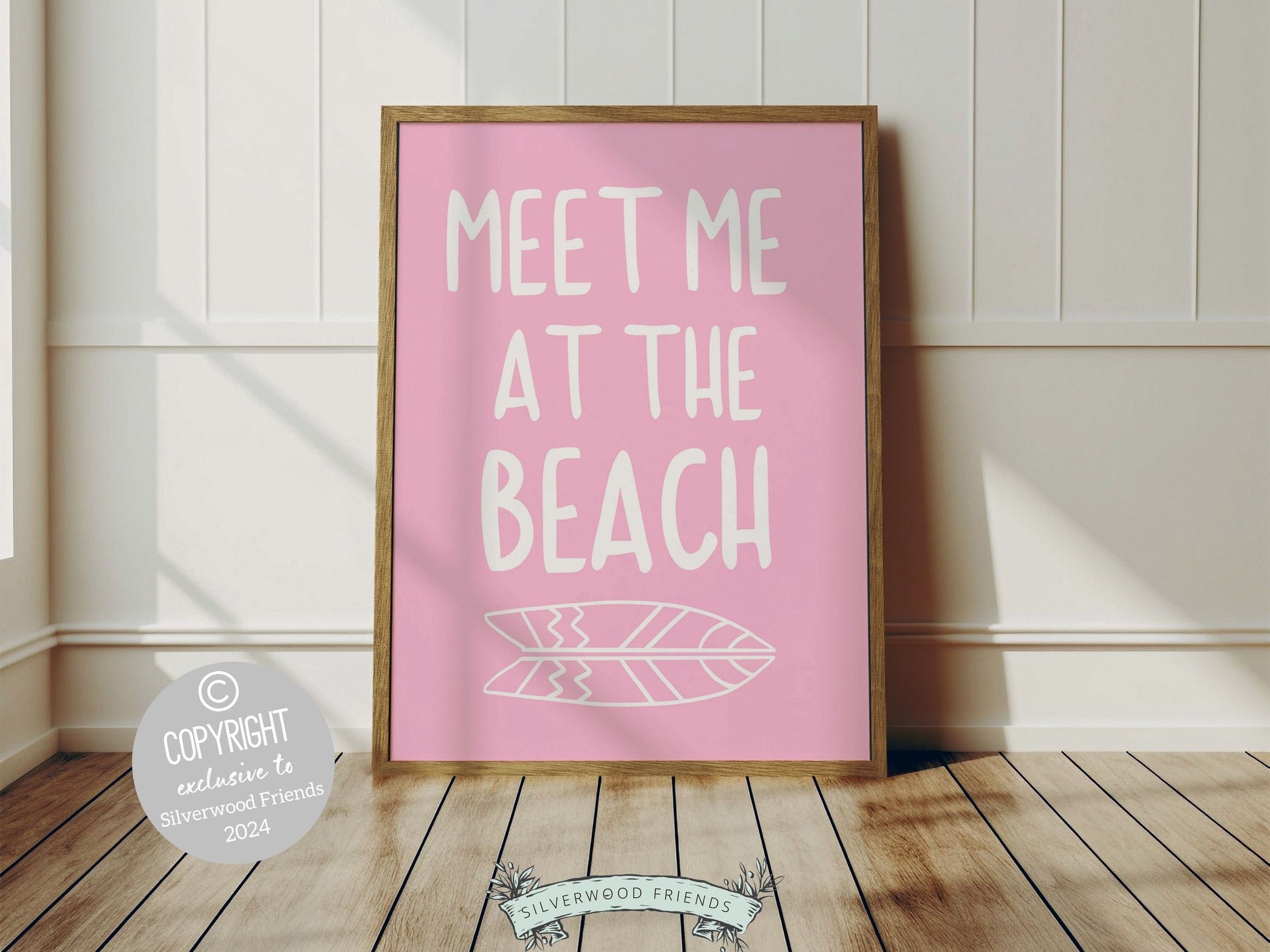 Pink Coastal Wall Art, Surfboard Palm Tree Print, Beachy Dorm Room Decor, Girly Beach House Wall Decor Meet Me At The Beach Digital Print