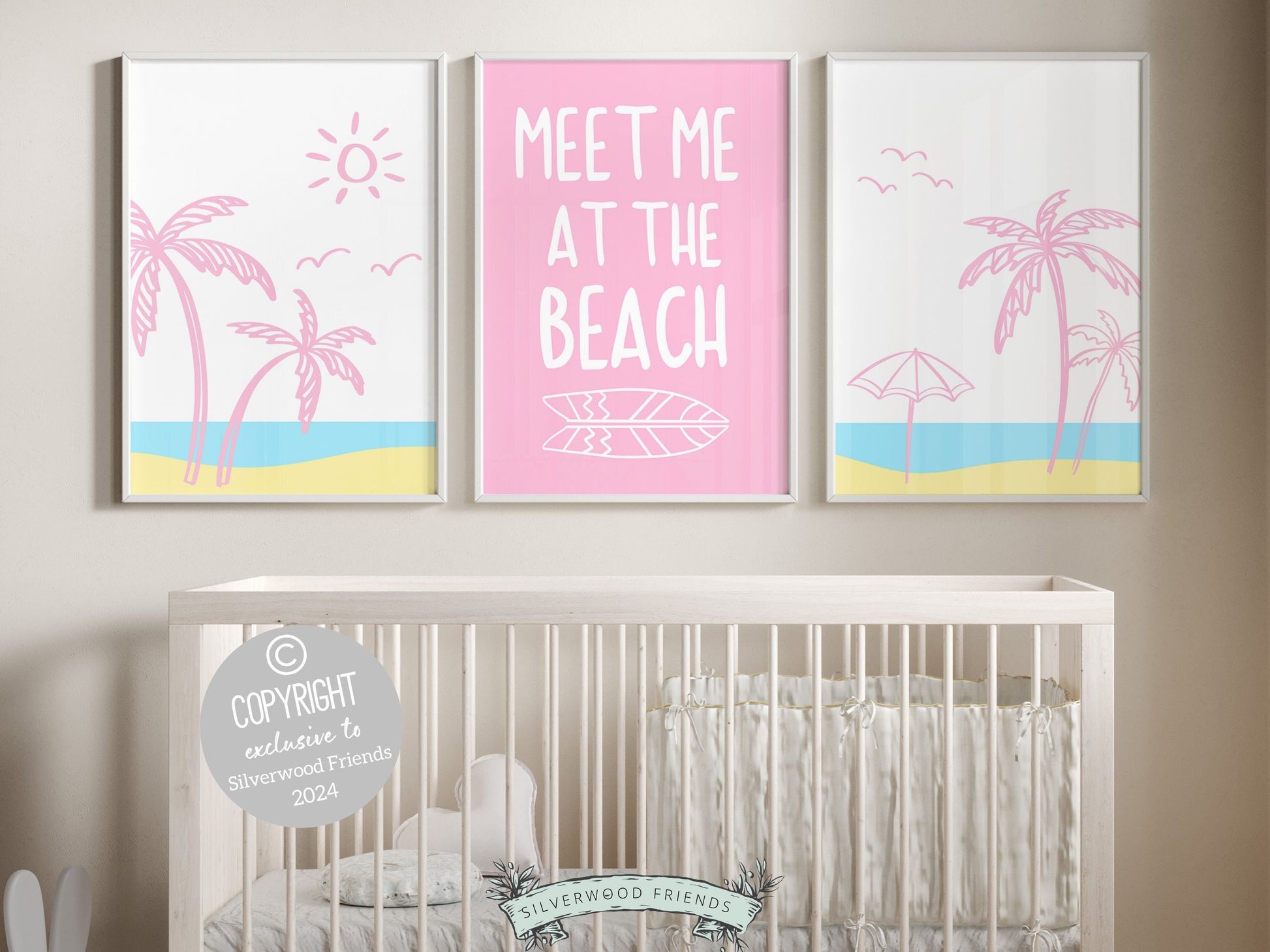 Pink Coastal Wall Art, Surfboard Palm Tree Print, Beachy Dorm Room Decor, Girly Beach House Wall Decor Meet Me At The Beach Digital Print